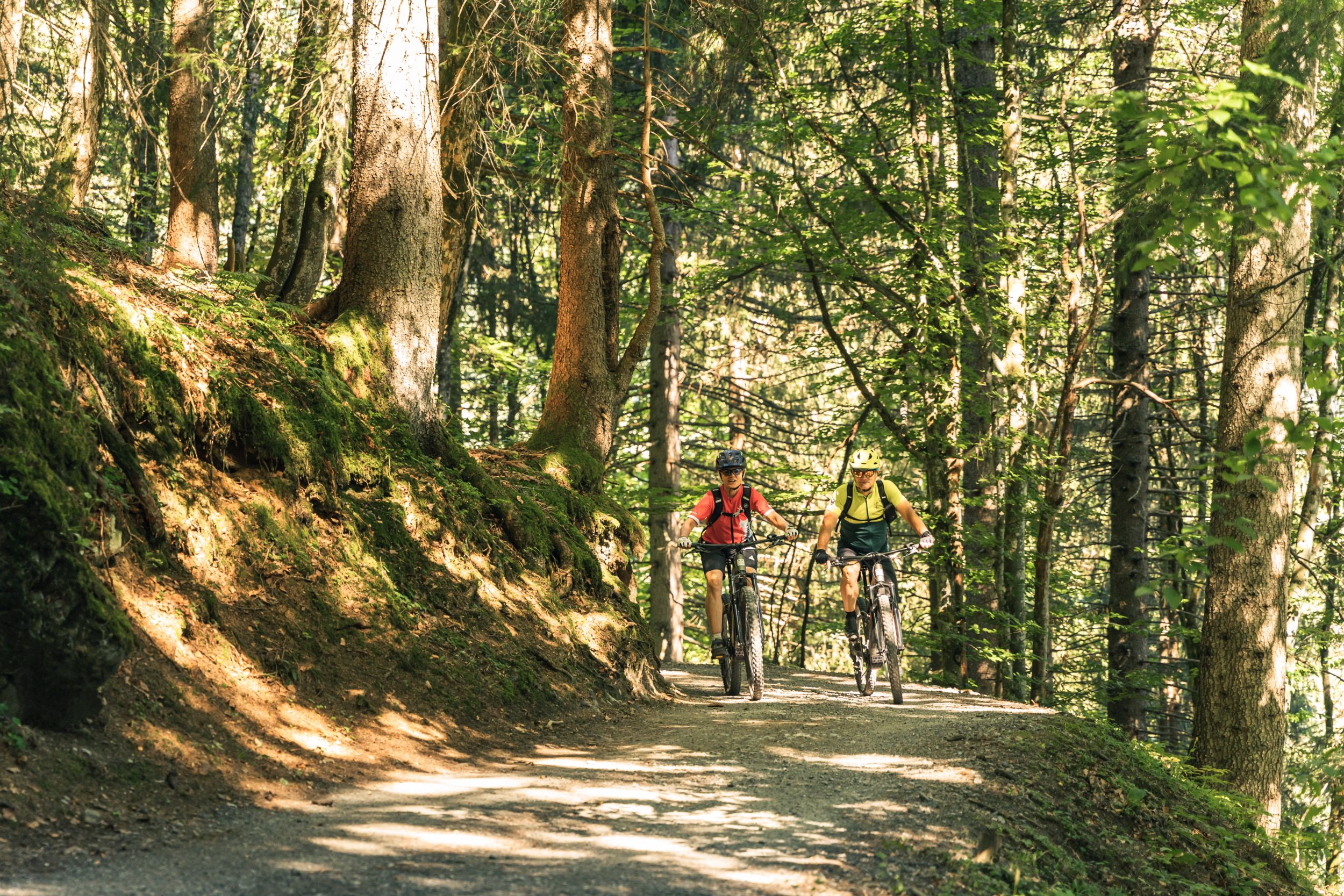 Braunwald Mountainbiking på skovstier med cyklister midt i naturen om sommeren.