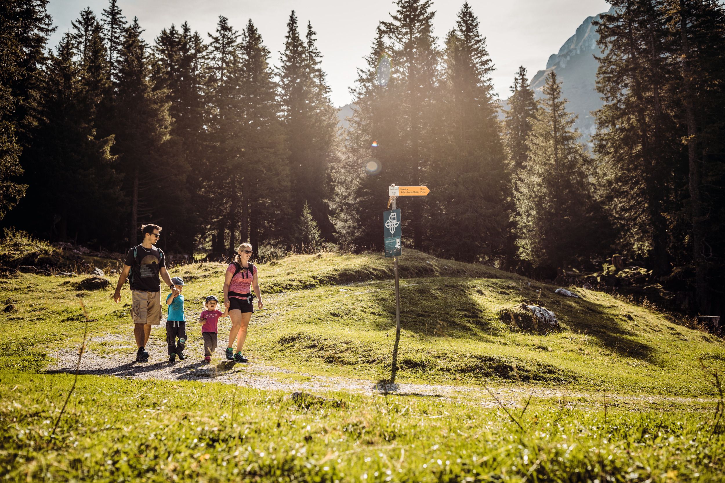 가족이 전나무와 산으로 둘러싸인 간트리쉬 자연공원을 하이킹하고 있습니다.