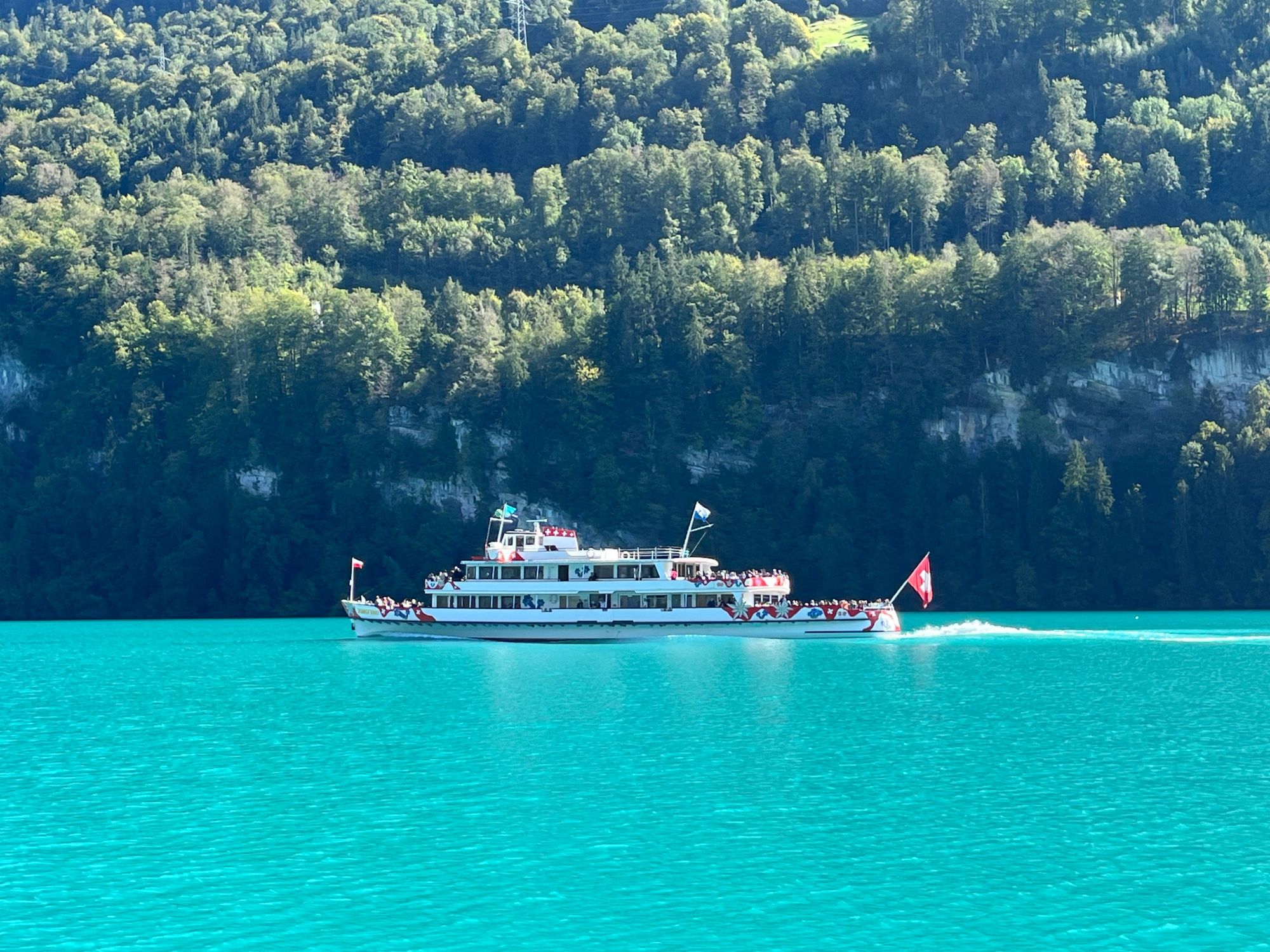 Brienzersee: Ein Schiff gleitet über das klare Wasser, umgeben von grünen Bergen im Sommer.