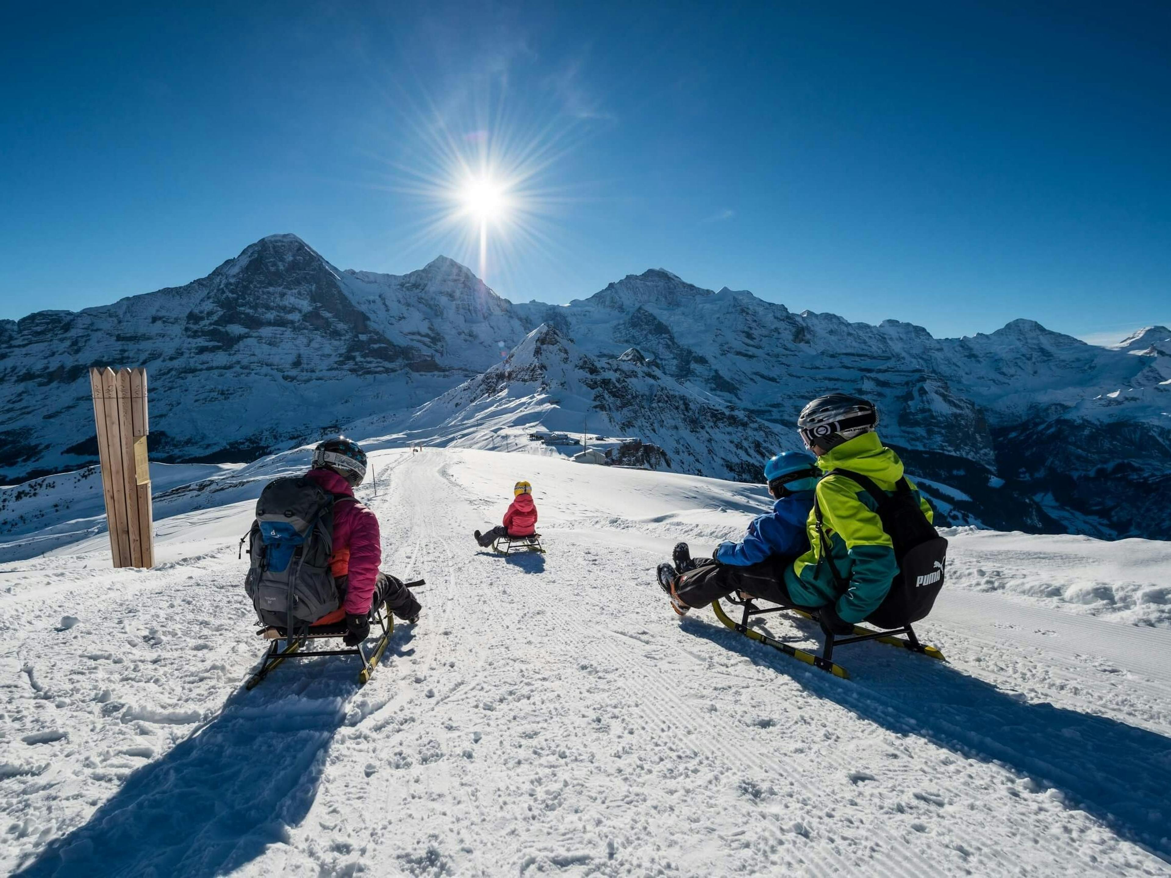 グリンデルワルトでそりをレンタル、アルプスでの素晴らしい滑走、雪、友達との楽しさ。