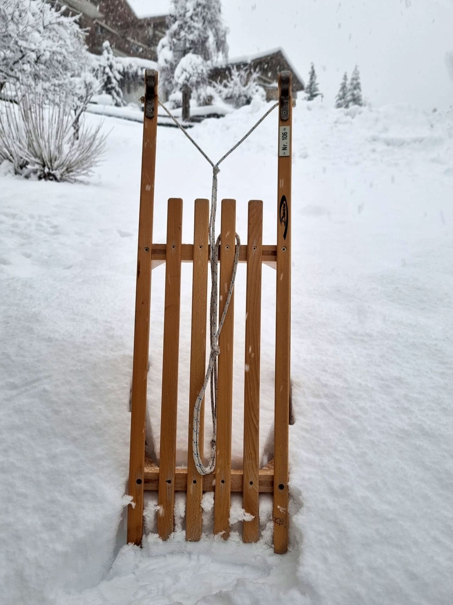 Деревянный санки в снегу, зимний пейзаж с заснеженными деревьями