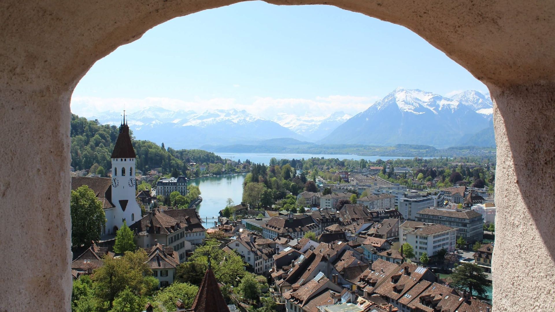 View from Thun Castle of the Alps and the Old Town