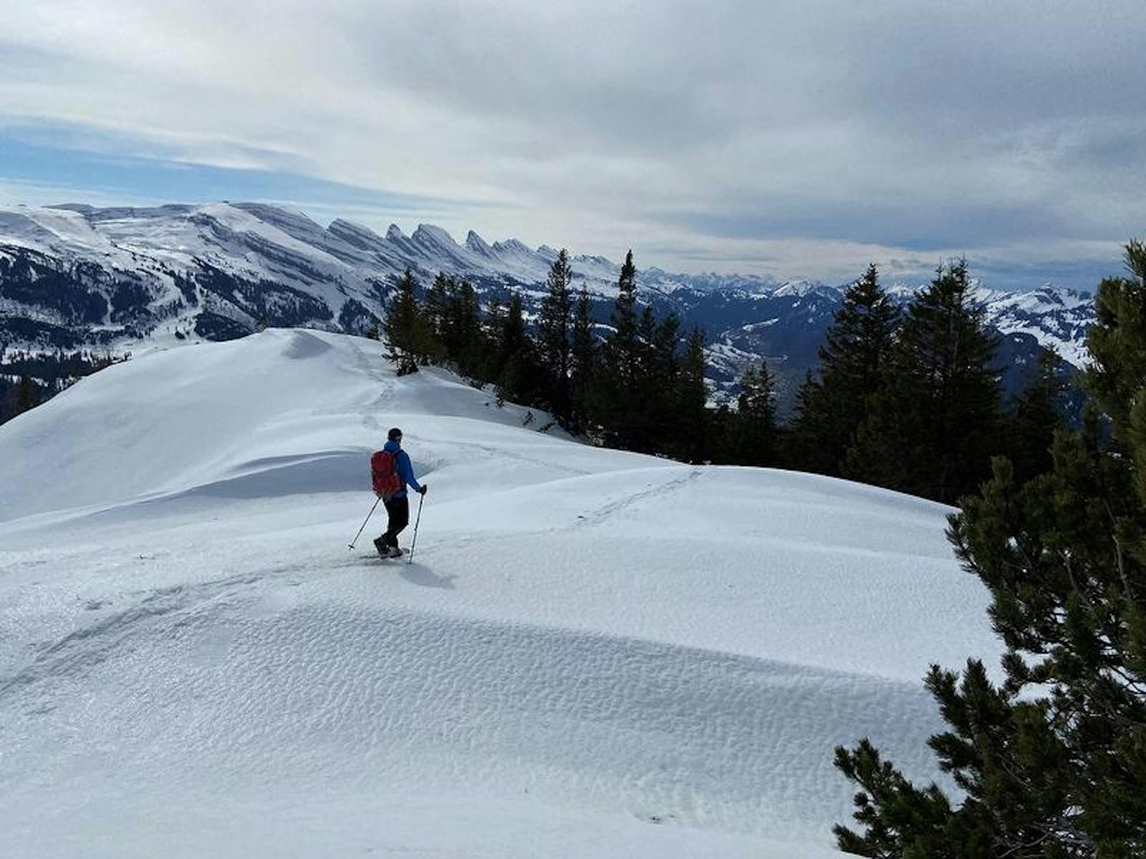 Schneeschuhtour Gulmen: Wanderer auf verschneiten Pfaden im Toggenburg während des Winters.