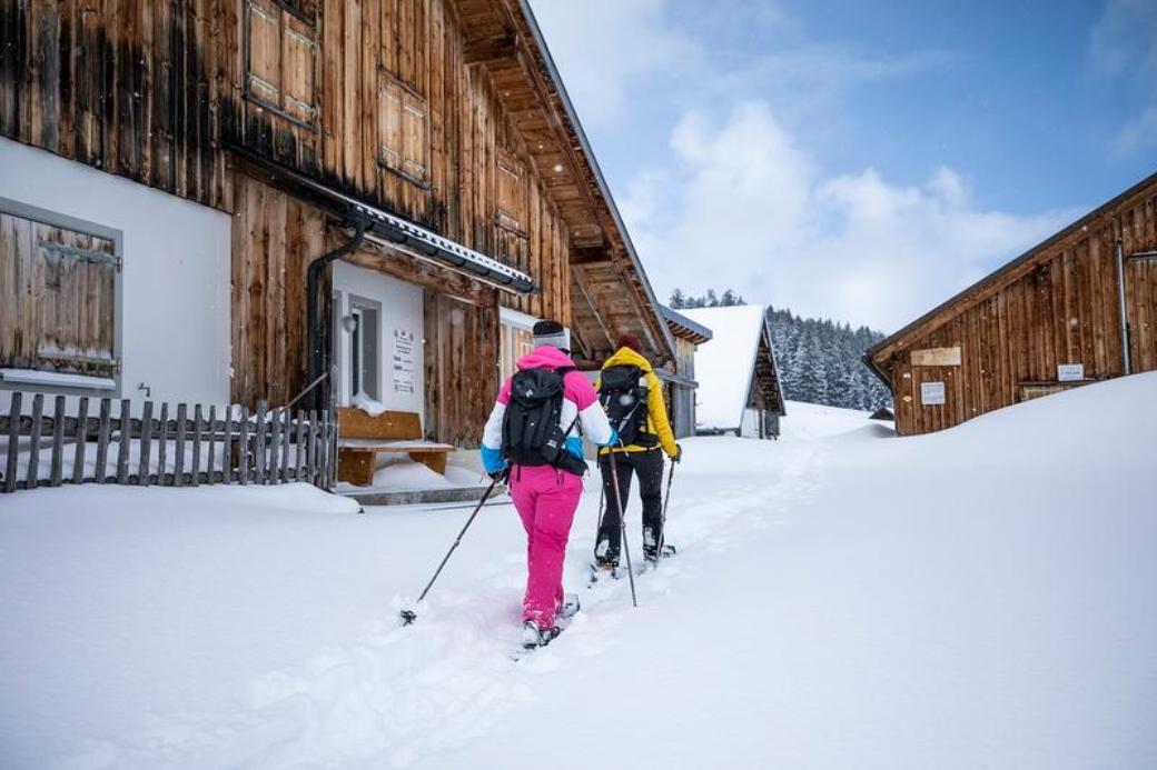 Snowshoe hiking in Schönhalden with two people in winter in the snow.