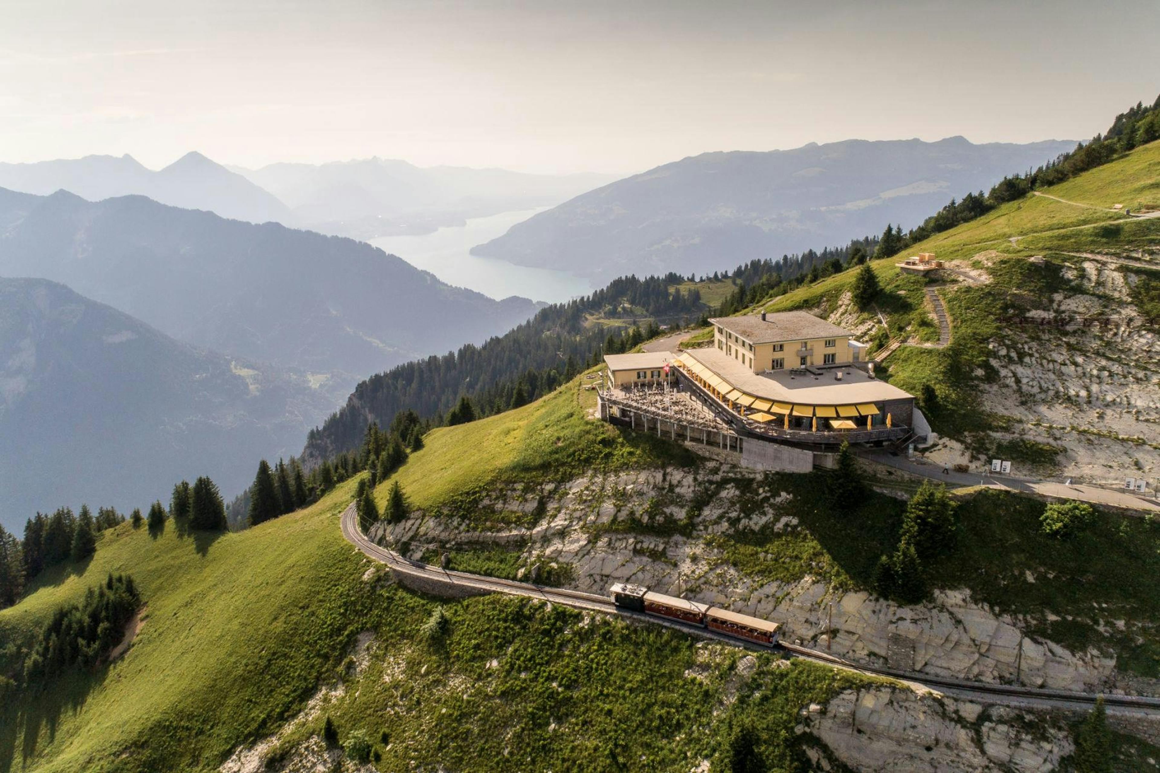 Zahnradbahn Schynige Platte fährt auf grüner Berglandschaft entlang