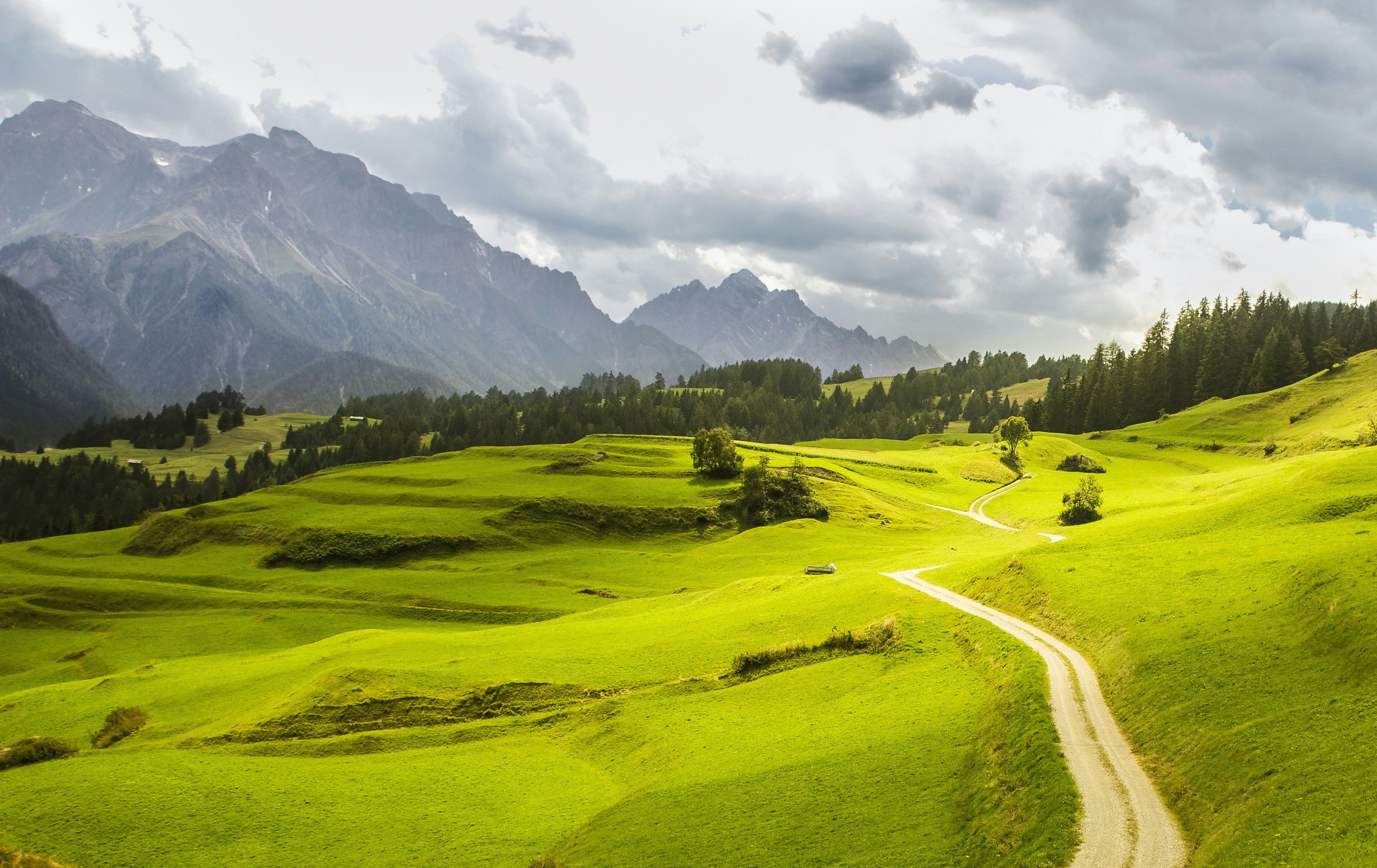 Scuol: grønne landskaber med bjerge og en malerisk sti, perfekt til vandreture og afslapning.