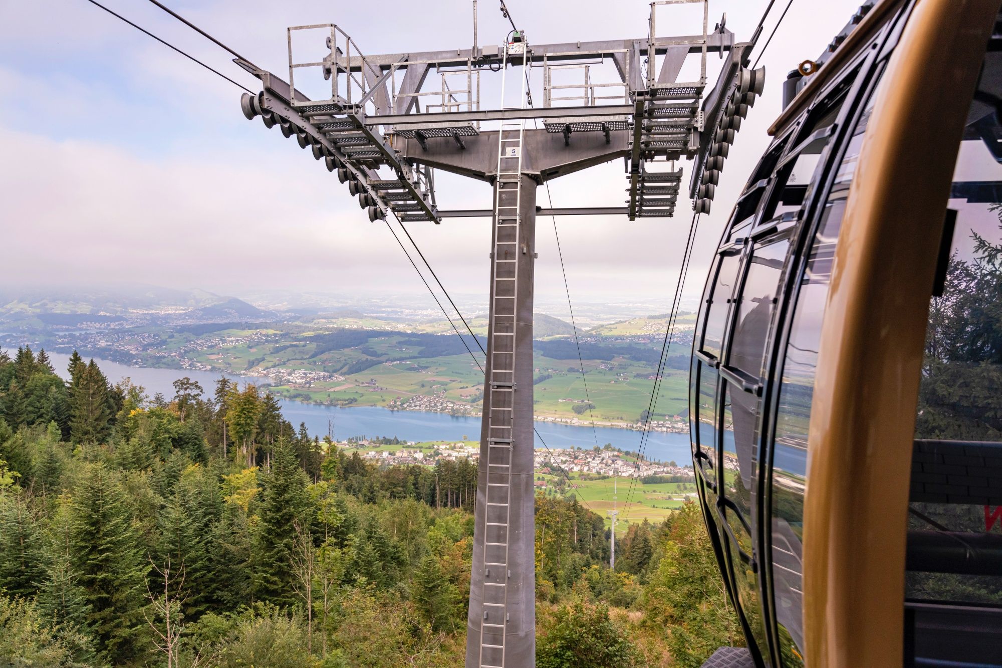 สาย Seebodenalp ที่มองเห็นทะเลสาบ Zugersee และภูเขารอบๆ ในฤดูร้อน.