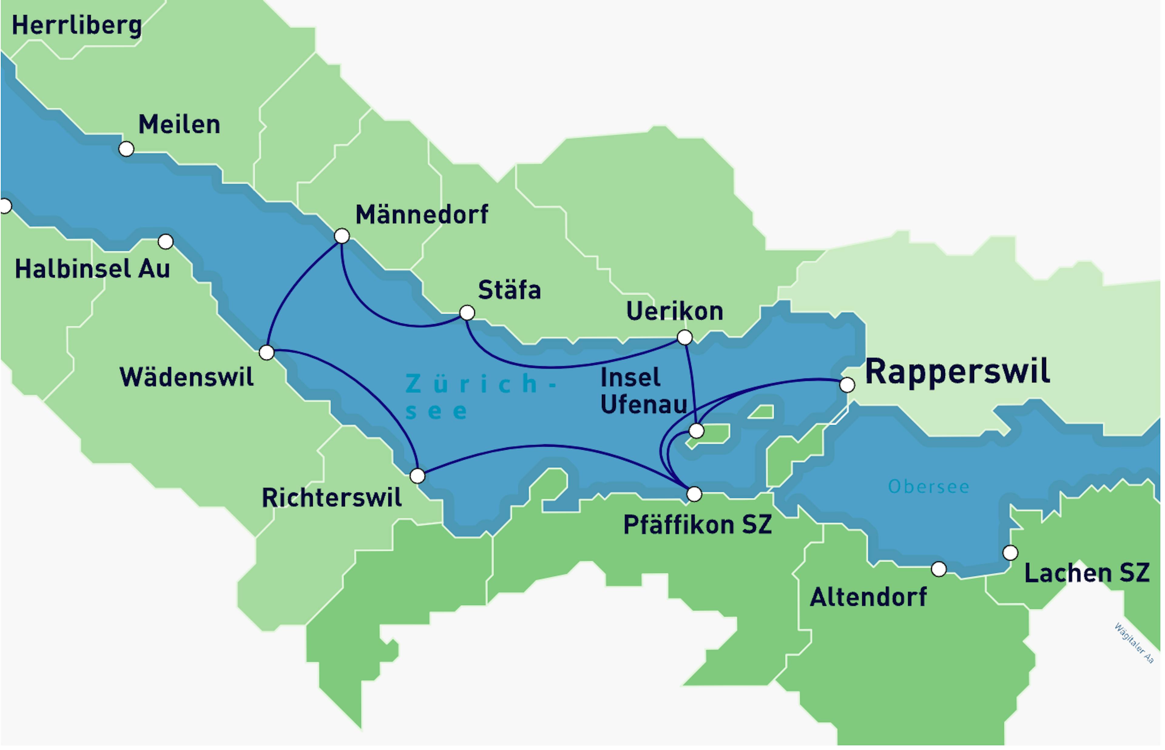 Seerundfahrt Rapperswil: Übersichtskarte mit Städten rund um den Zürichsee für Ausflüge und Bootsfahrten.