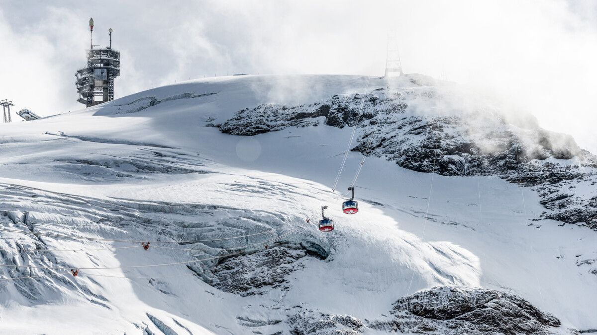 Rotair Titlis Cable Car Travels Over Glacier in the Alps.