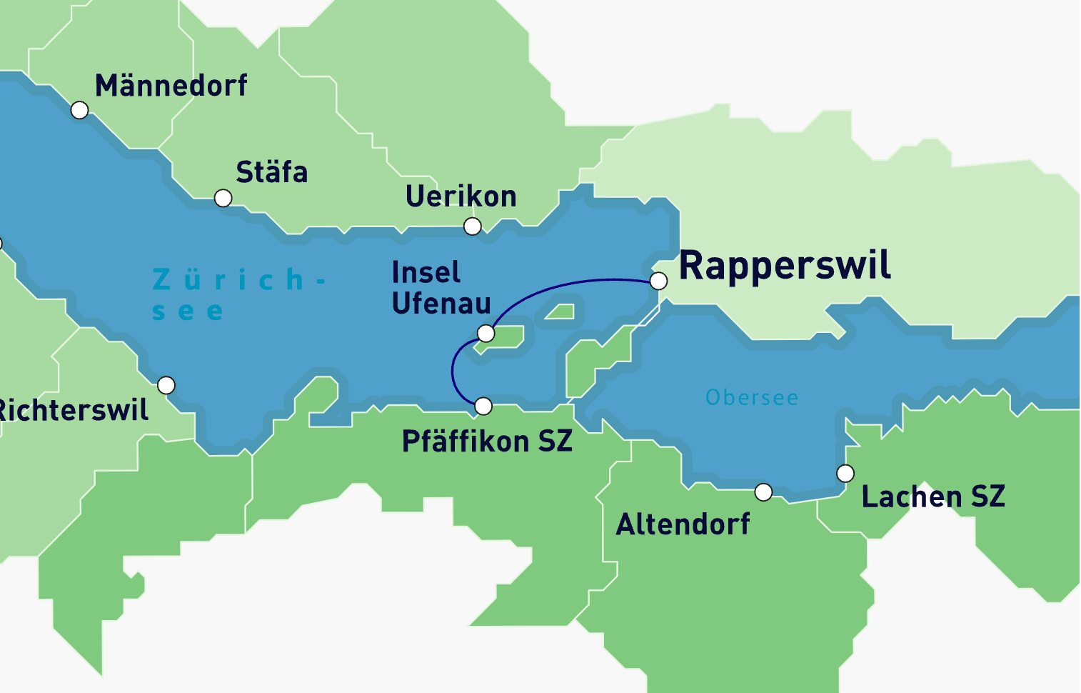 Isla Ufenau: Mapa con ruta de transporte al destino en el lago de Zúrich para actividades grupales y excursiones.