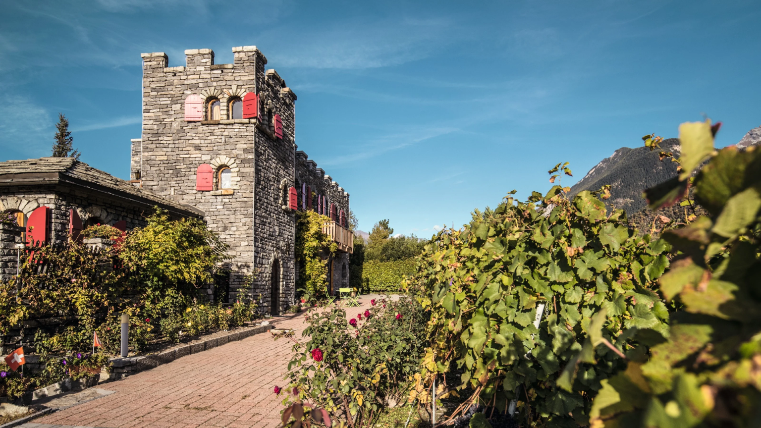 Castelo em Sierre com vinhedos no outono