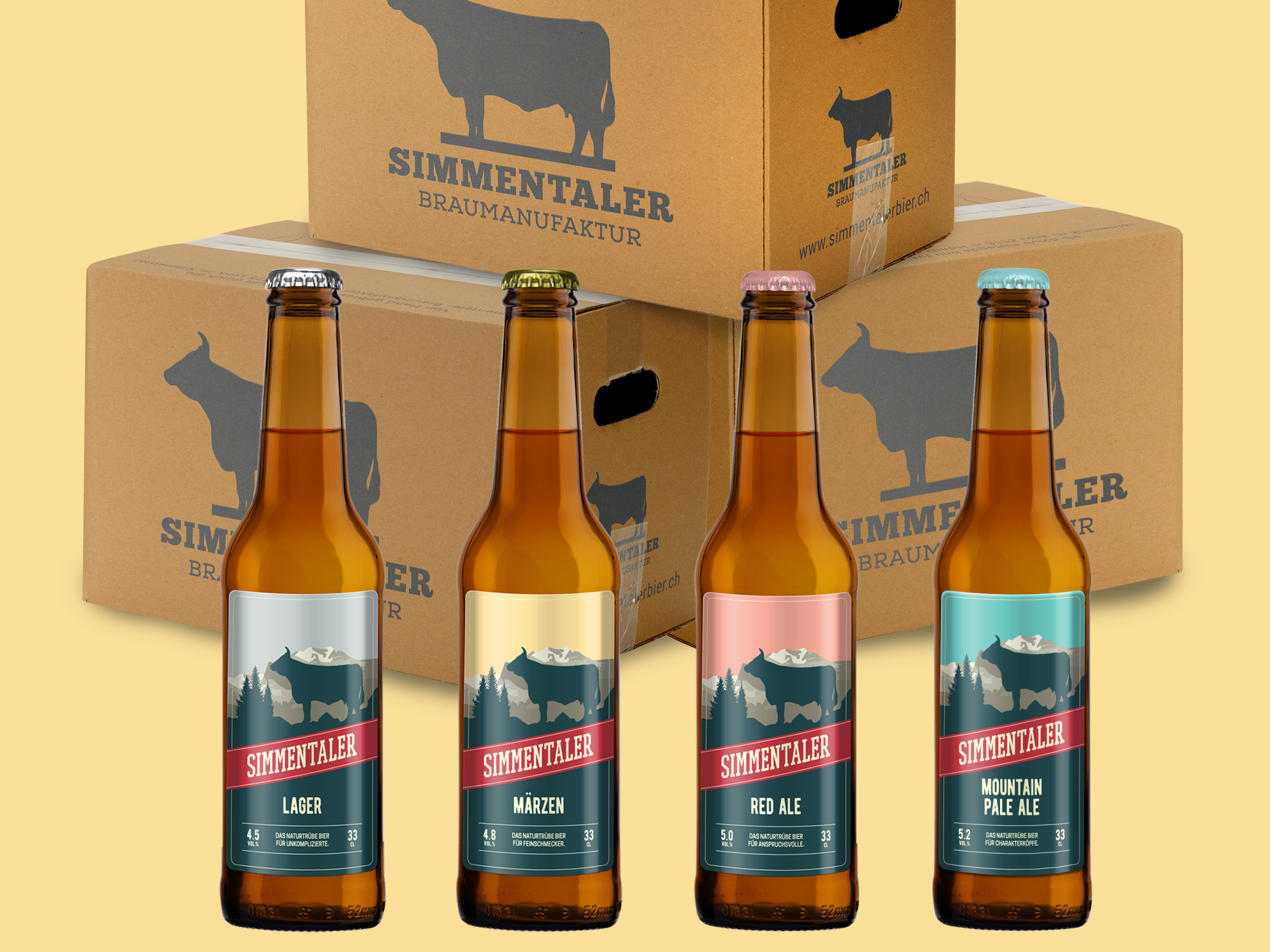 bierwandeling brouwerij simmental met vier bierflessen in kisten