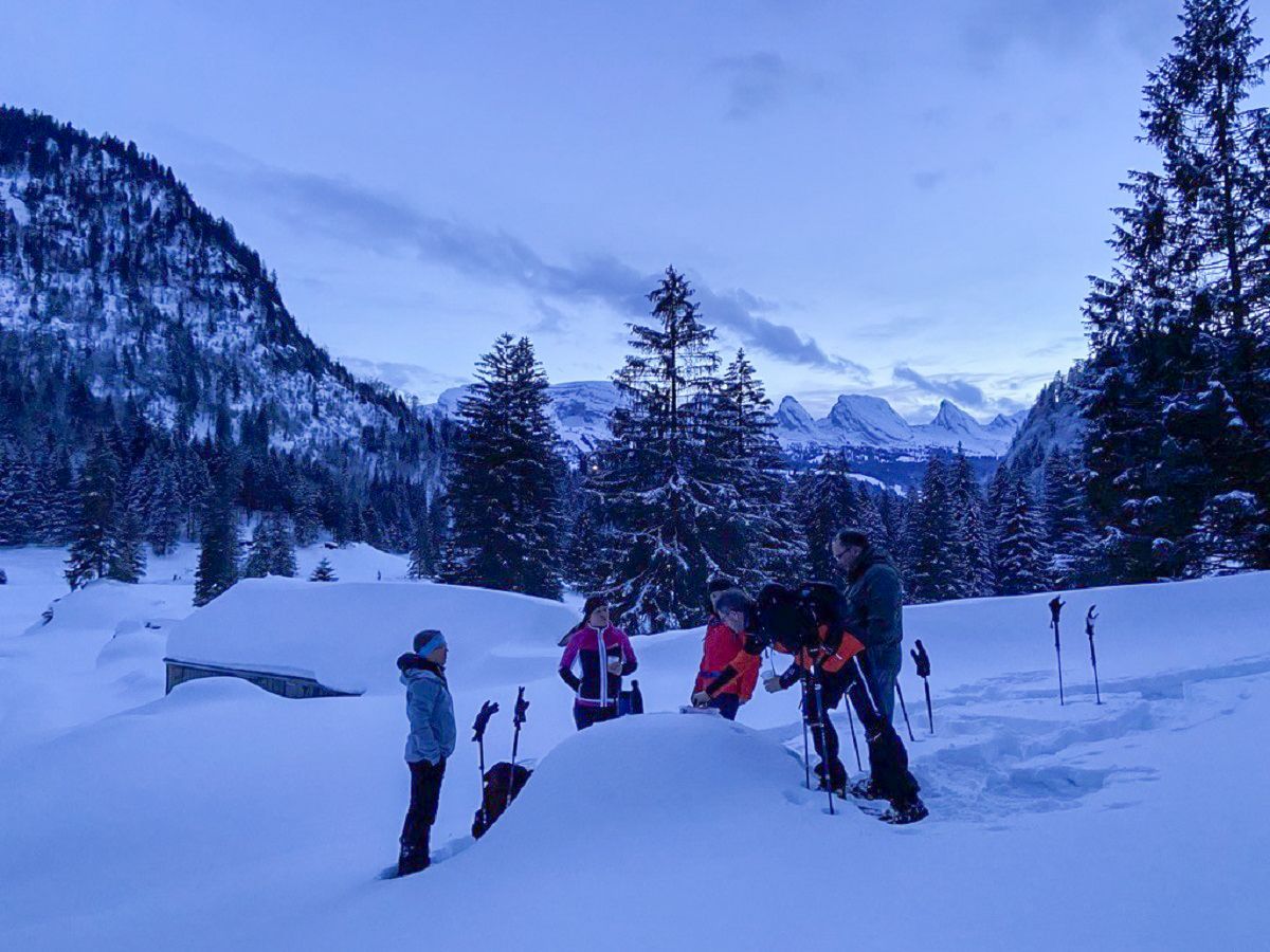 การเดินป่าแบบใช้รองเท้าเกือกเขาใน Toggenburg ช่วงพลบค่ำ, นักเดินป่าในหิมะ, ทิวทัศน์ฤดูหนาว.