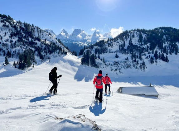 Escursione con le ciaspole nelle Alpi con escursionisti in monti innevati e paesaggi invernali.