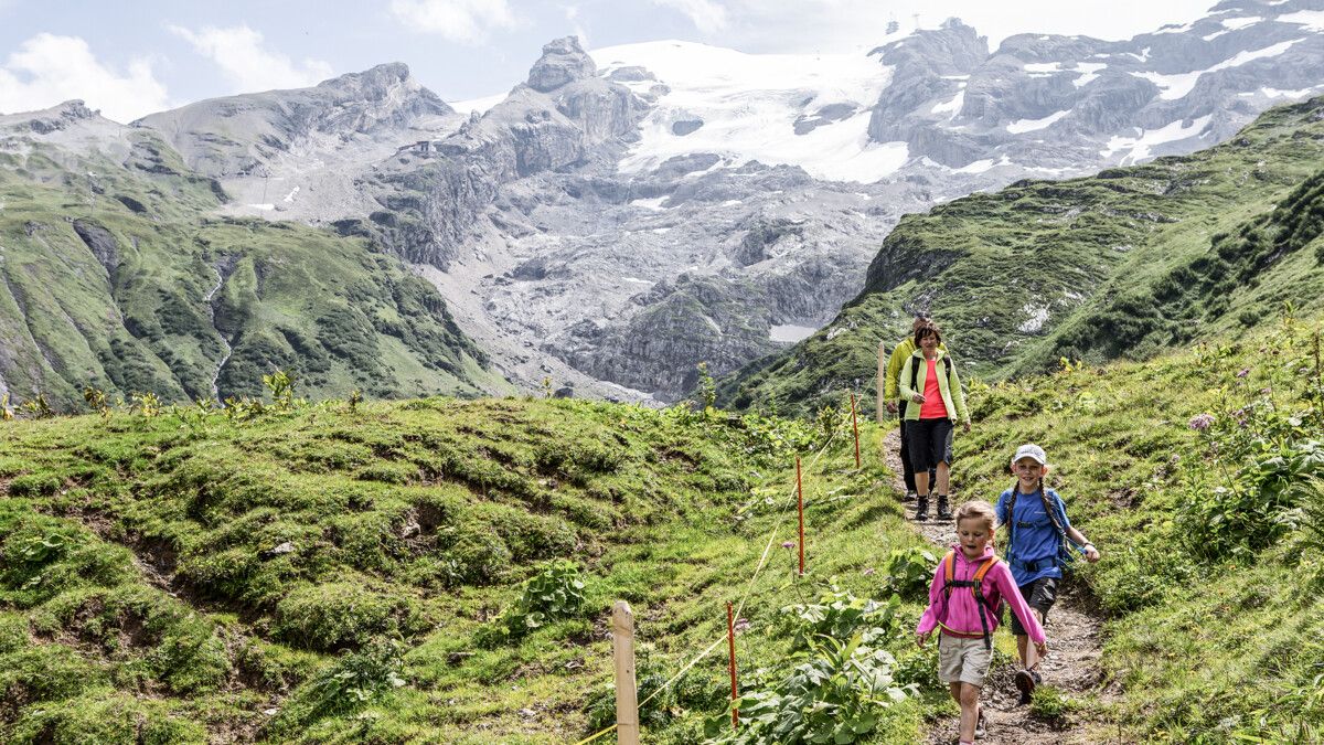 Hiking Titlis with family, green hiking trail, mountains in the background