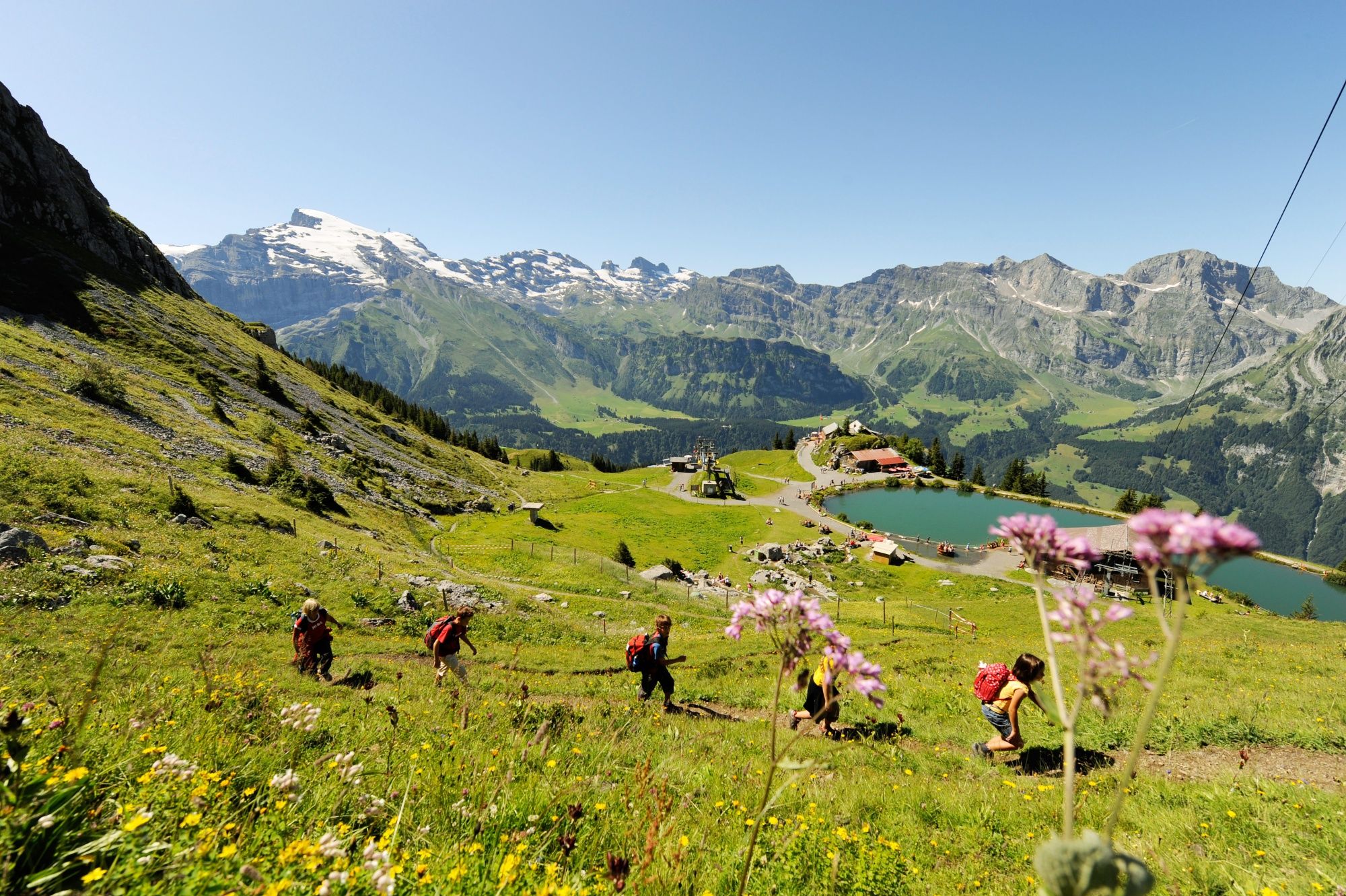 Trekking estate Brunni: paesaggio montano spettacolare, escursionisti nella natura, panorami mozzafiato.