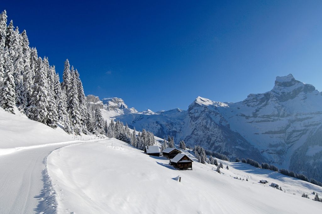 Escursioni in inverno: Vivi il paesaggio innevato di Brunni con montagne e idilliache baite.