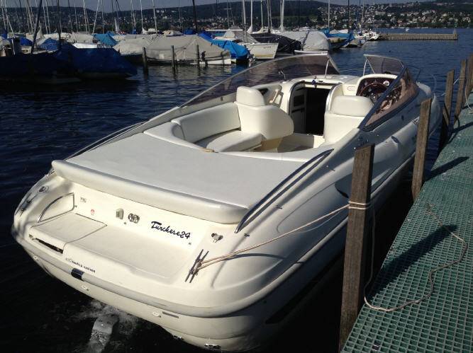 Varkë për sporte ujore në Liqenin e Cyrihut me pamje nga porta