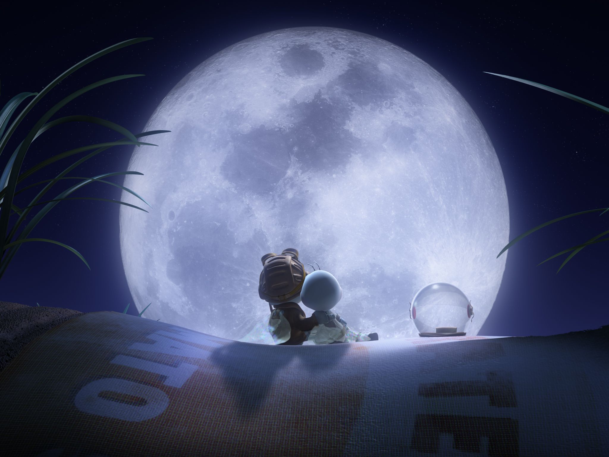 Vesmírné muzeum. Děti pozorují měsíc v noci.