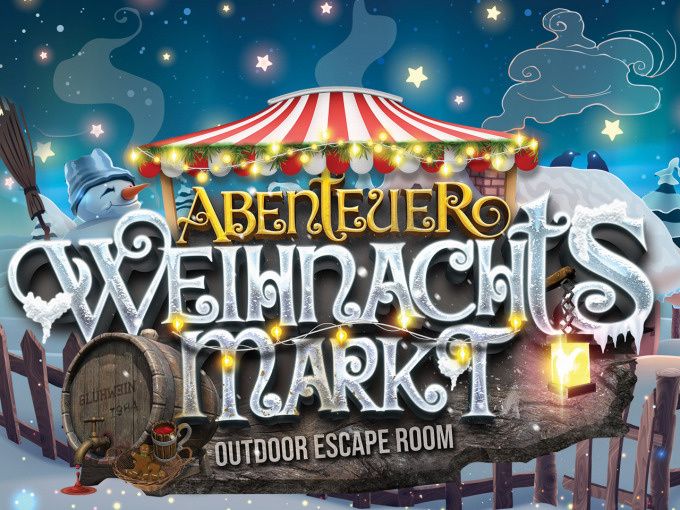 Avontuurlijke kerstmarkt met grappige elementen en feestelijke decoratie.