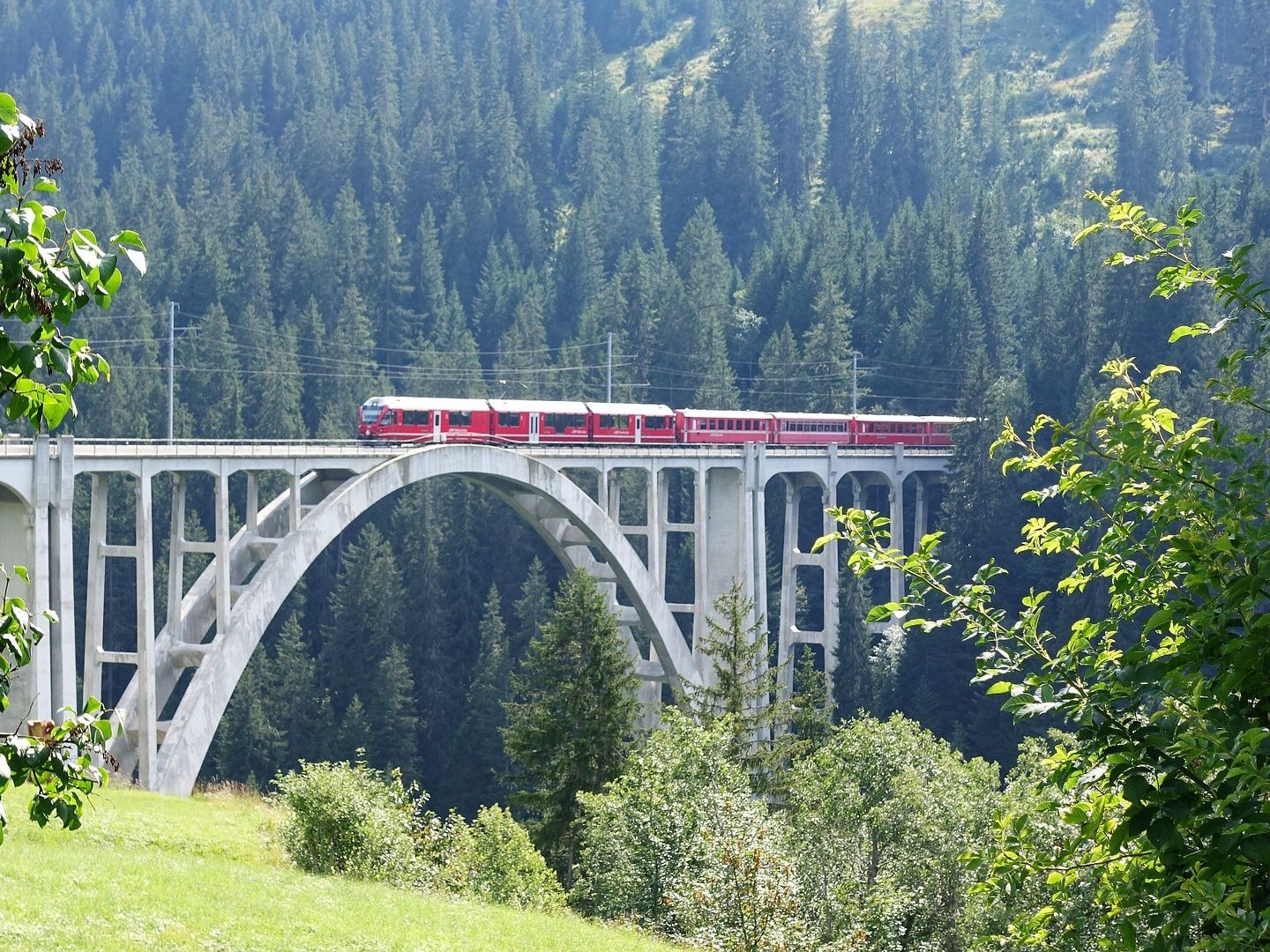 Comboio Arosa sobre impressionante ponte na natureza dos Alpes com florestas verdes e paisagem de verão.