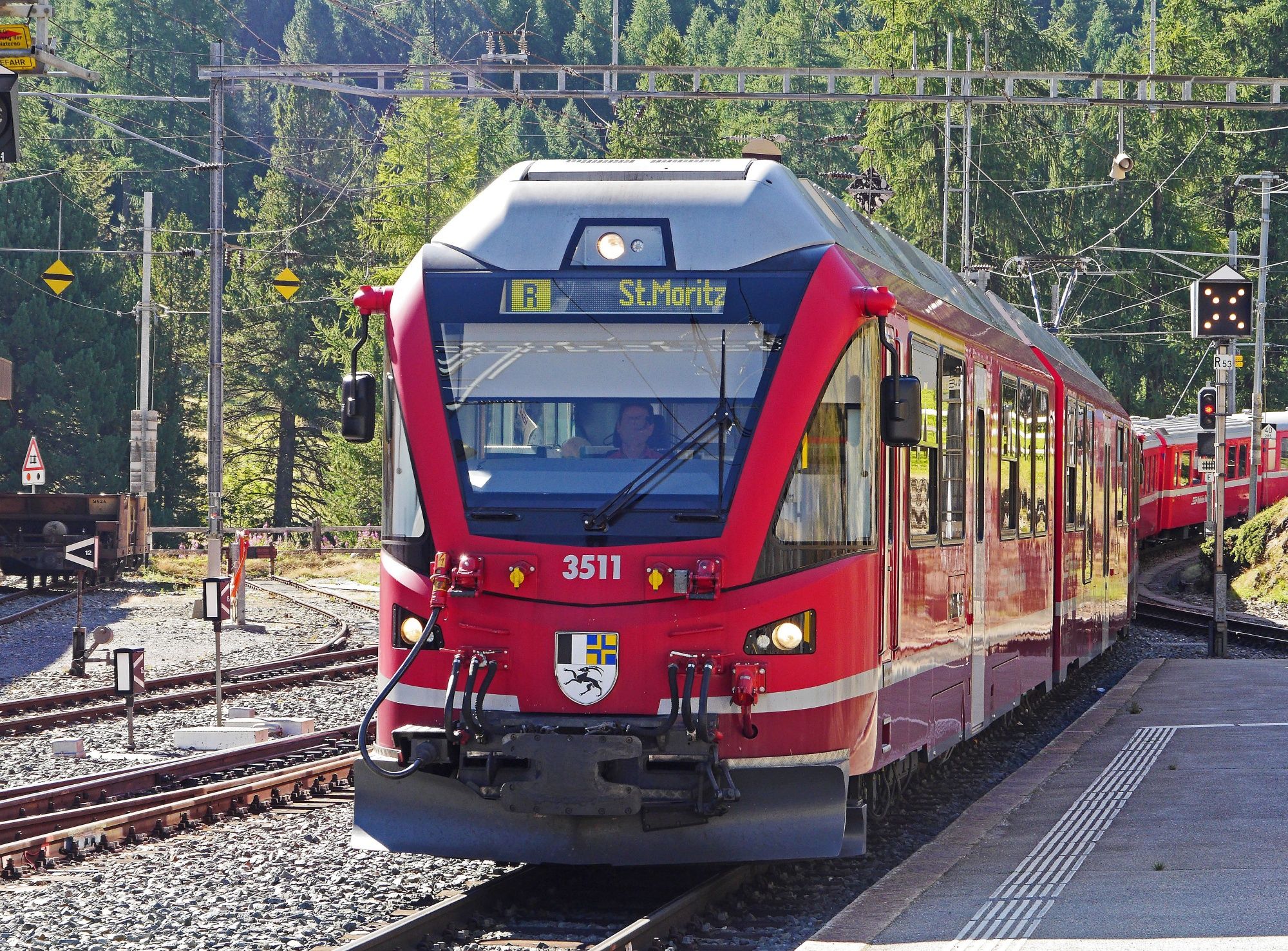 Tåg till St. Moritz: Upplev vinterskogen och de imponerande fjällen i Schweiz.