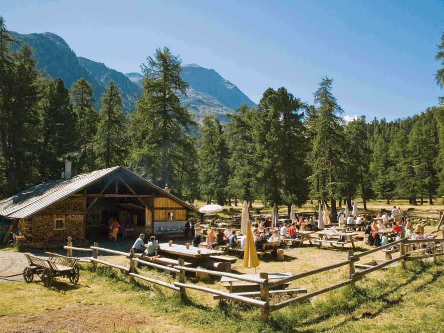 Alpschaukäserei Morteratsch in der Natur mit Gästen im Freien