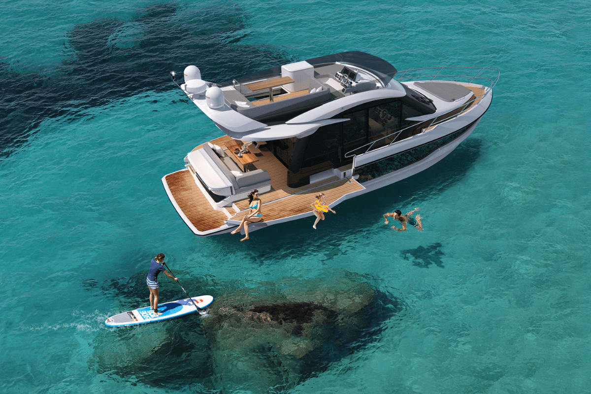 Yacht på vattnet med Tour-Pilatus, perfekt för äventyr, avkoppling och vattensporter.