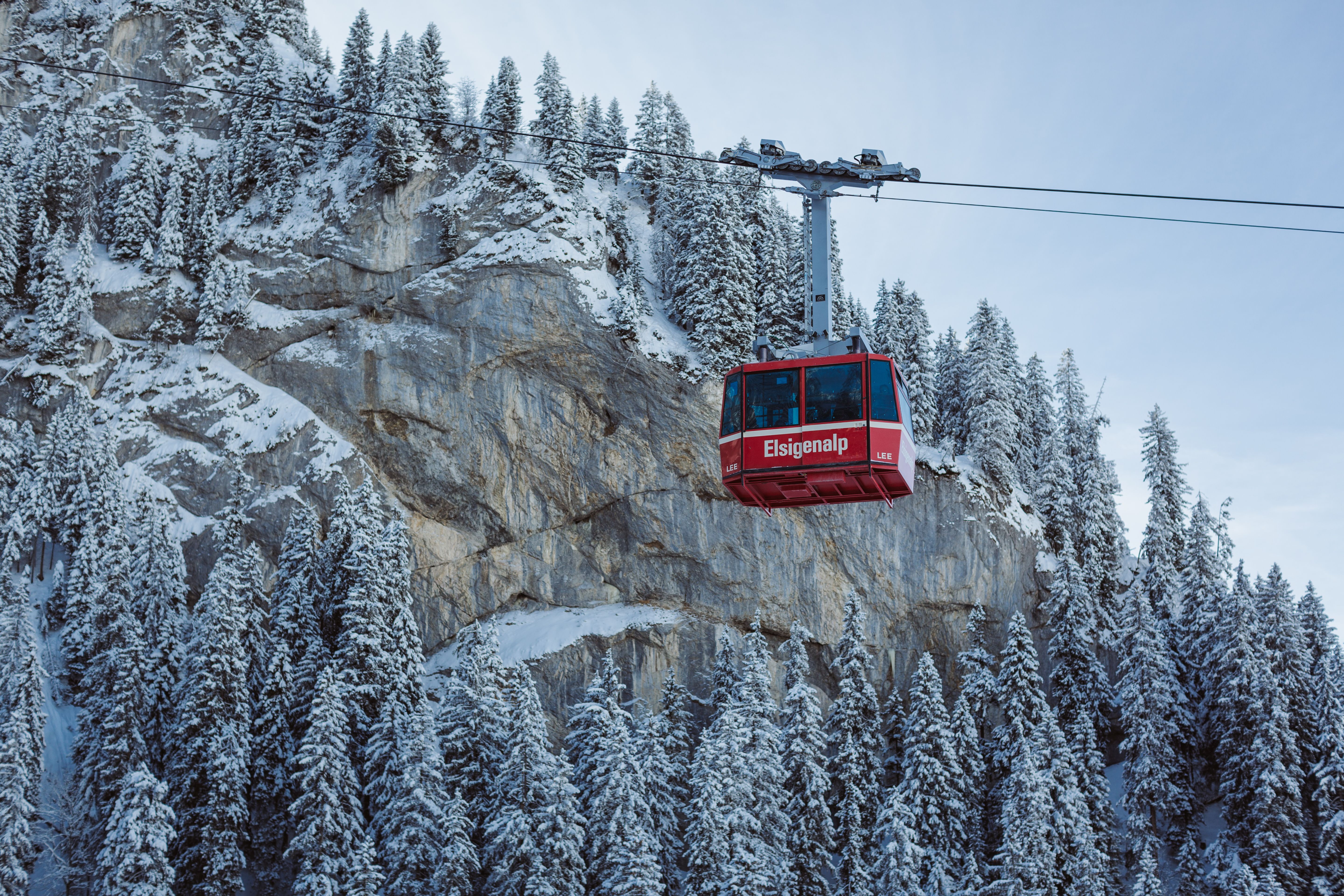 Лыжная канатная дорога на Эльзигенальпе, окруженная заснеженными горами и елями