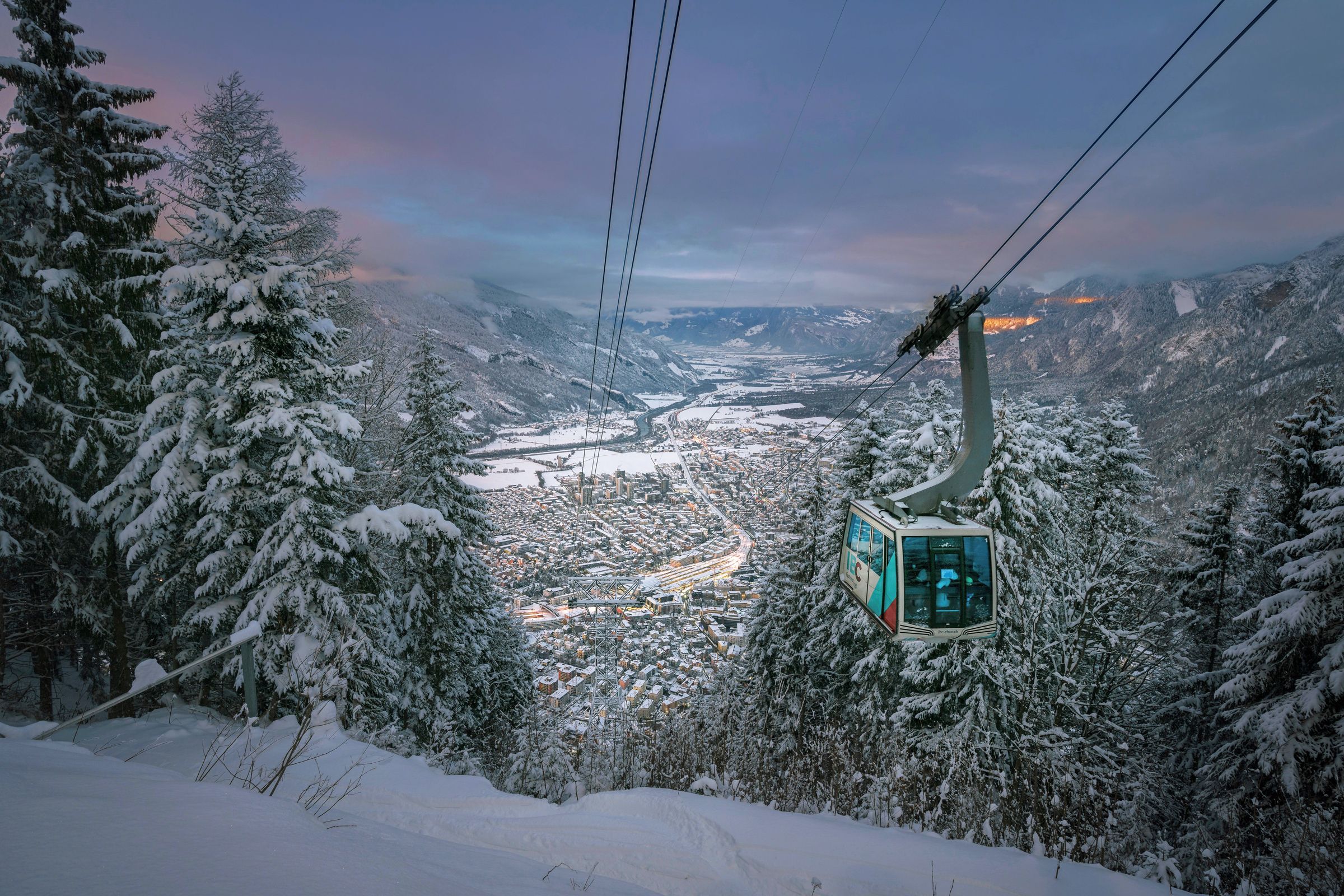 Bergbahnen Brambrüsch, téléphérique dans un environnement enneigé, hiver, station de ski