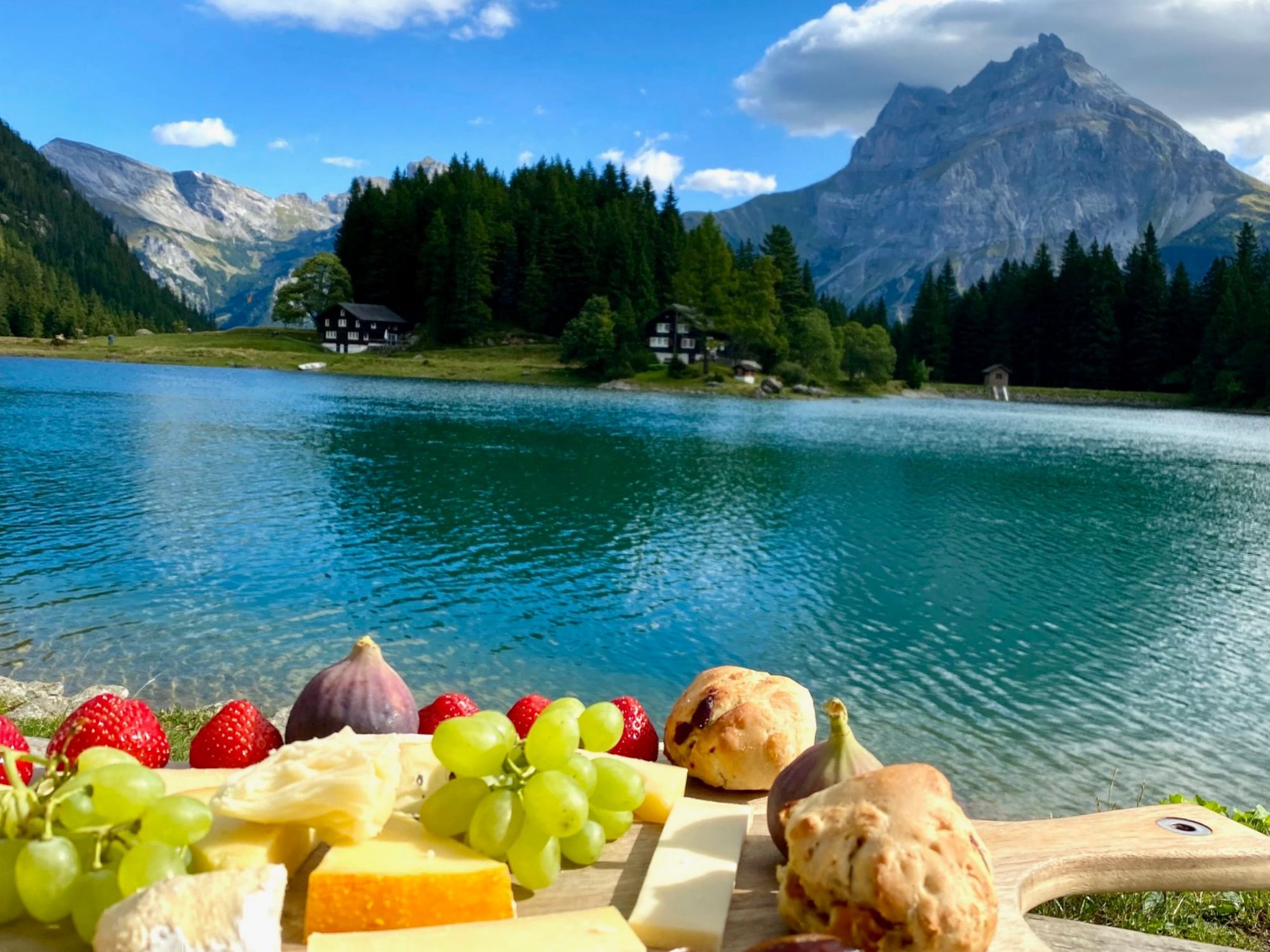 夏天在湖边吃奶酪和水果，俯瞰瑞士山脉。