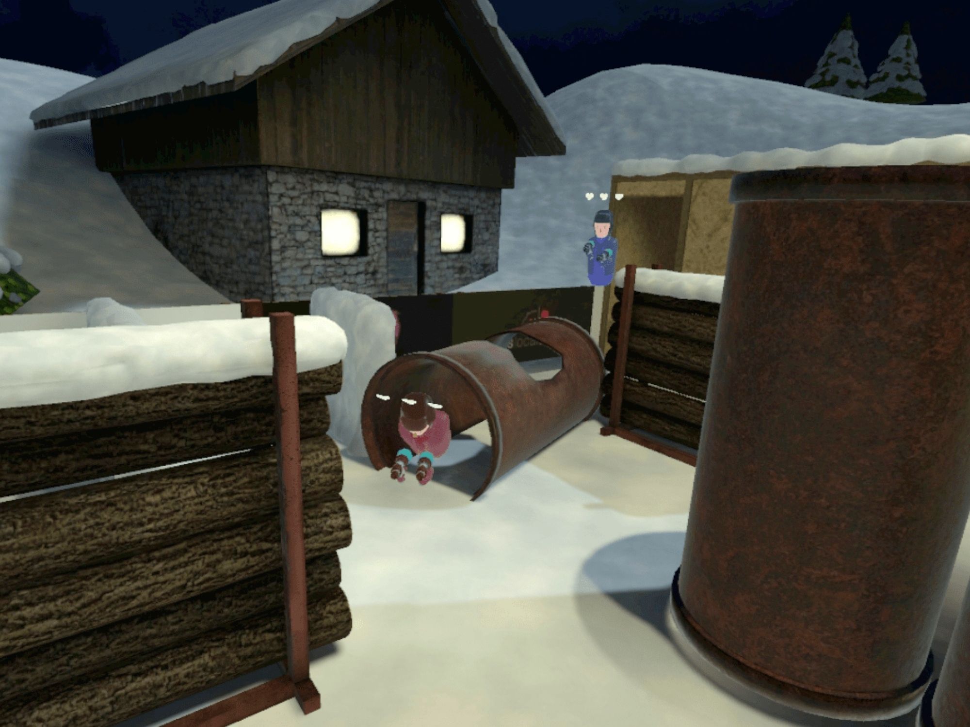 Zimowa Kraina Czarów: Piękny zimowy krajobraz z dziećmi, placem zabaw i schowanymi w śniegu chatkami.