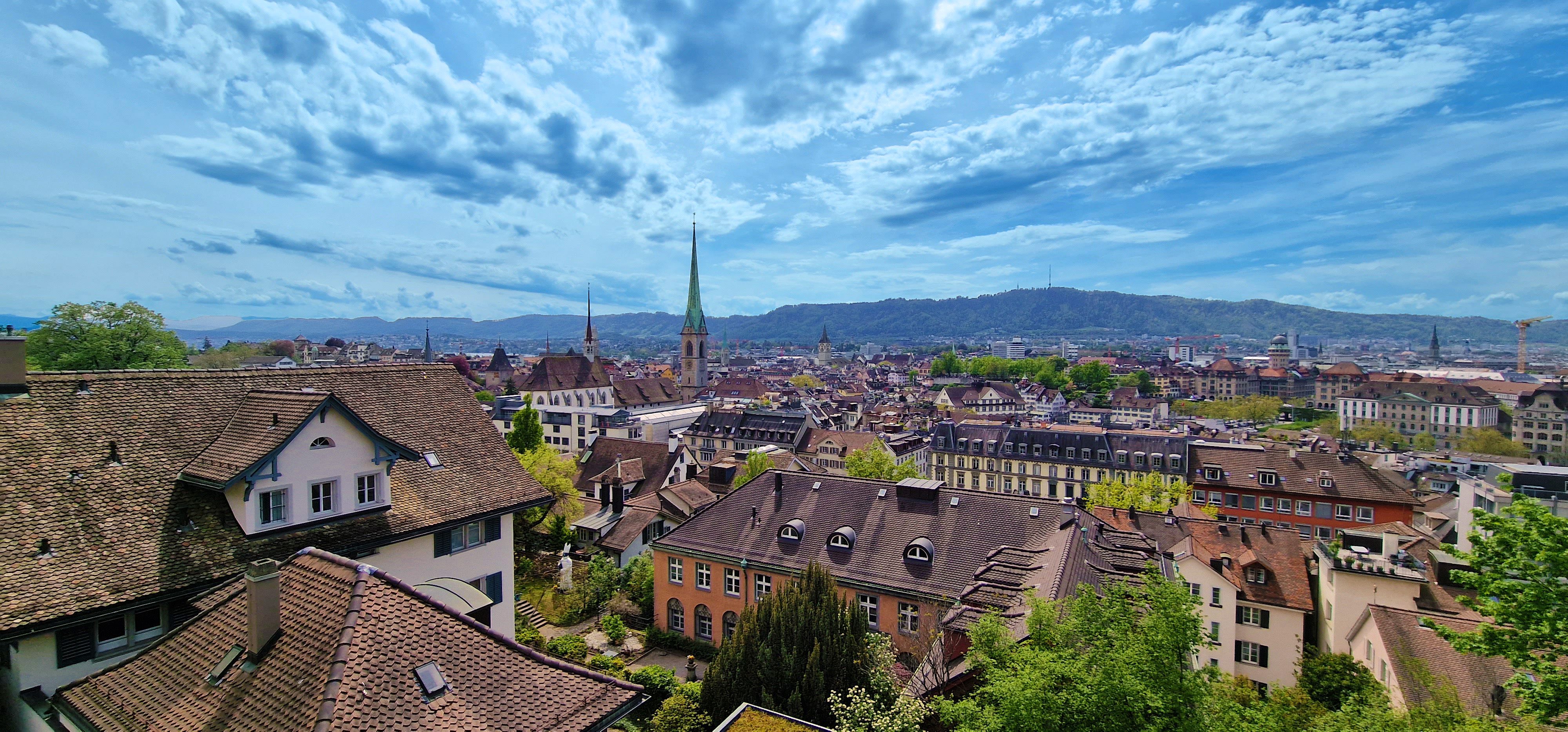 취리히: 교회와 산이 배경인 도시 전망으로 완벽한 도시 투어를 경험하세요.