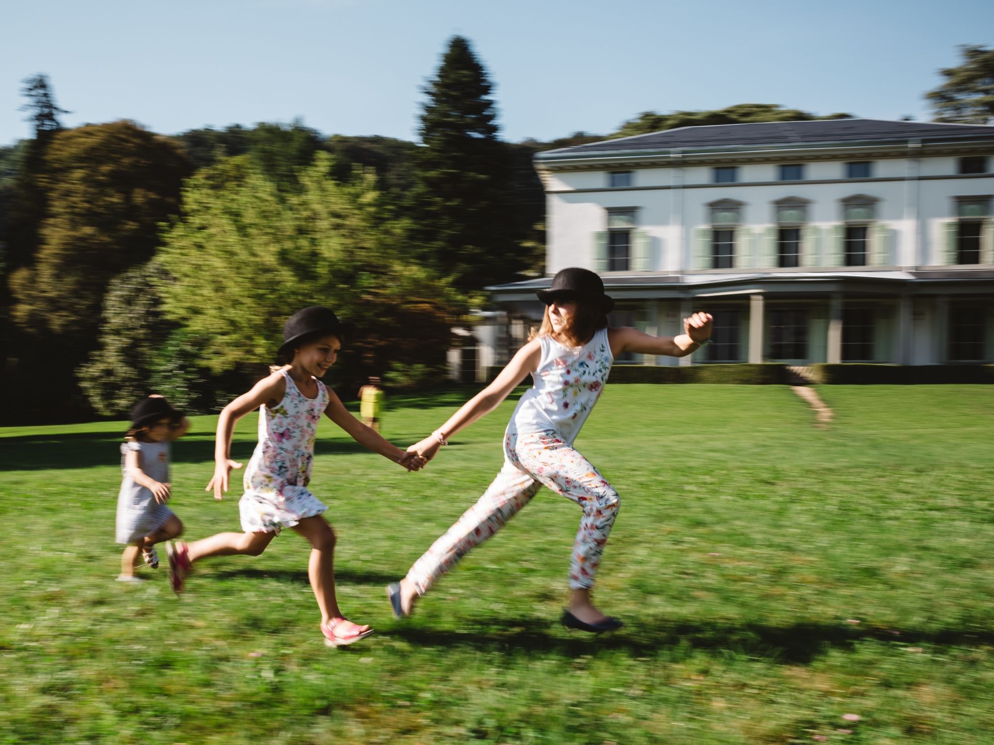Muzeum: Dzieci bawią się w parku z przyjaciółmi na zielonej łące latem.