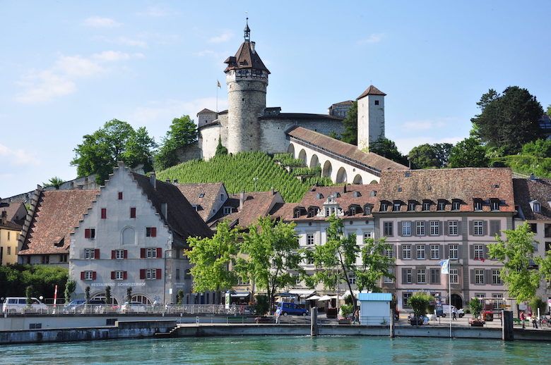 Kedai di Schaffhausen dengan latar belakang kebun anggur.
