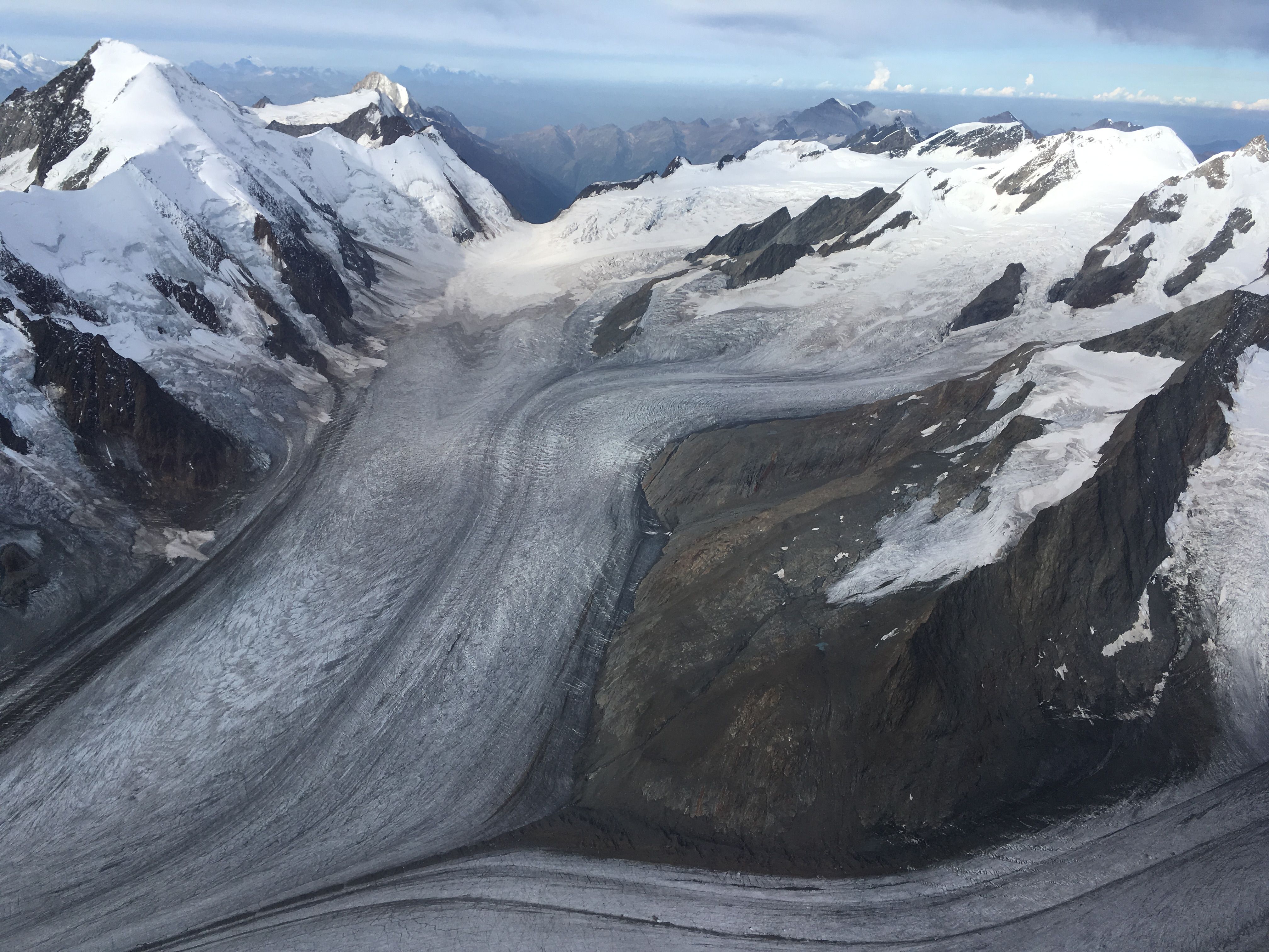Aletsch Glacier with snow-covered peaks, glacier view, helicopter flight, alpine peaks