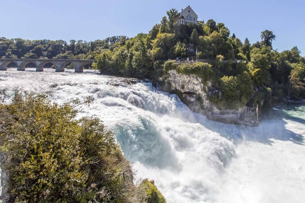 Rheinfall med vandfaldsudsigt, grønne omgivelser og blå himmel.