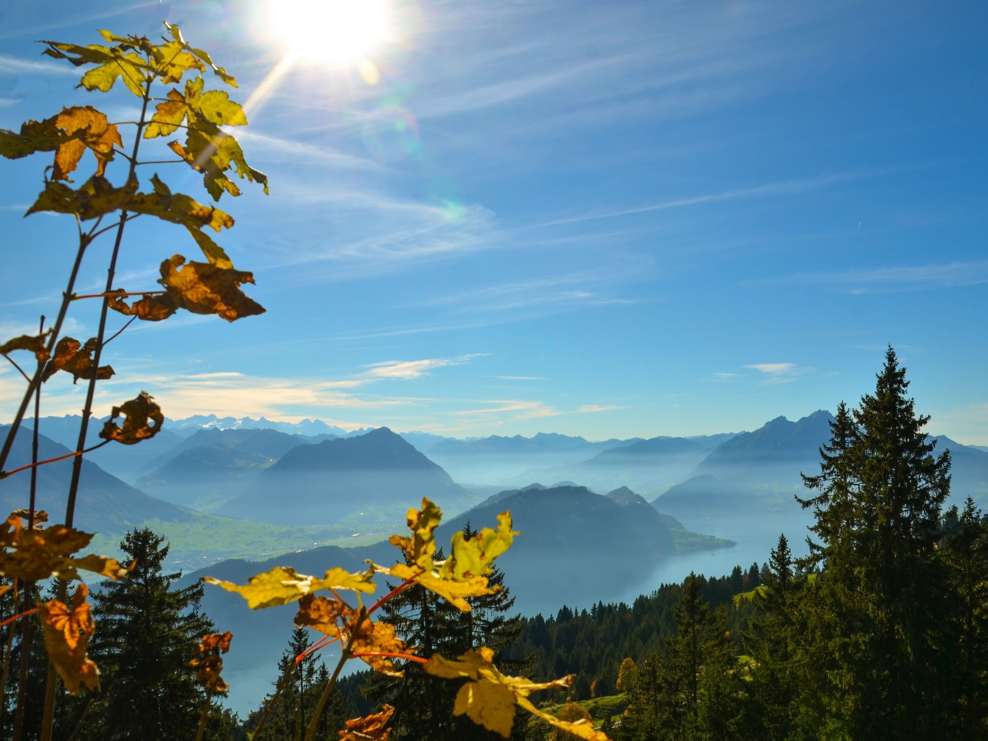 Autunno Bürgenstock con cielo azzurro e montagne.