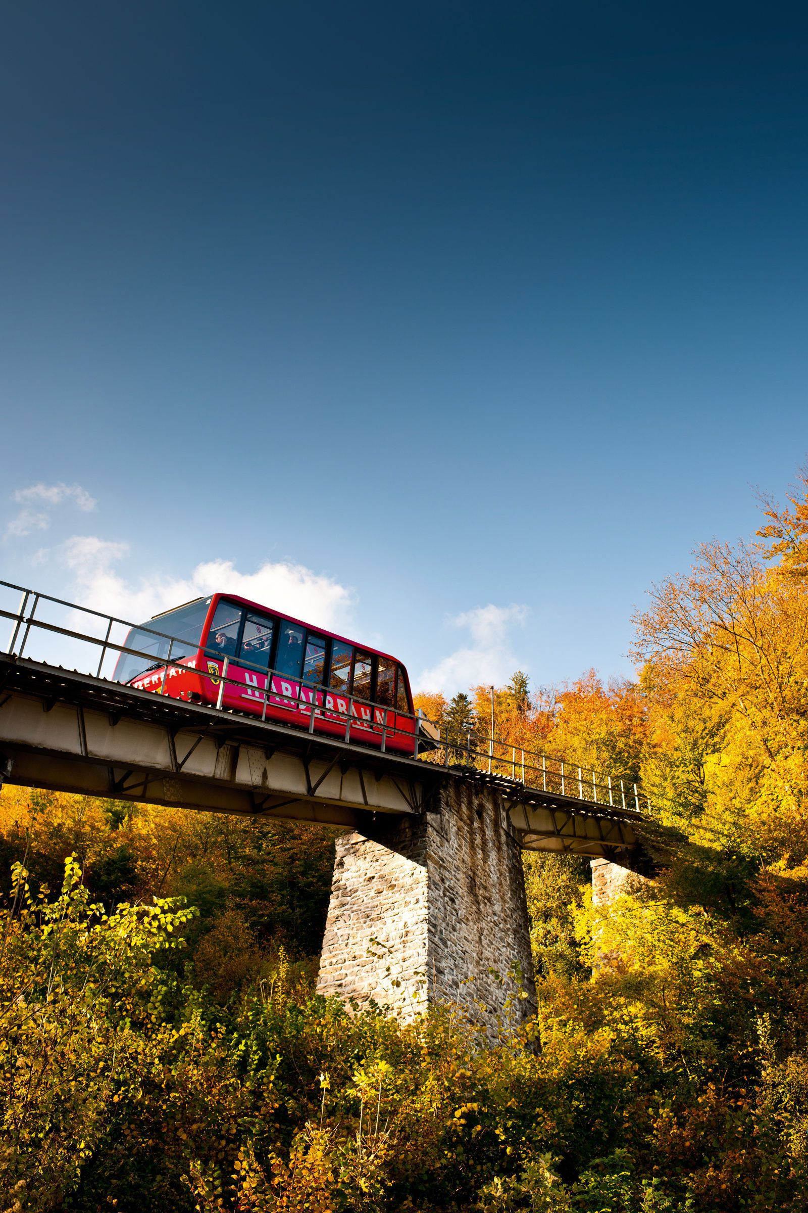 哈德尔班在因特拉肯的一座秋天树林桥上行驶