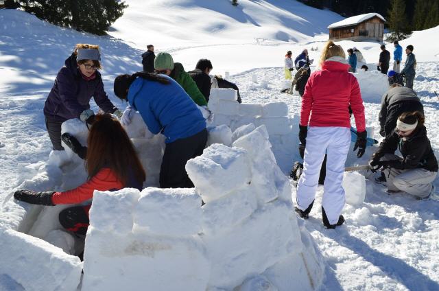 Kumpulan membina igloo di Switzerland: Kumpulan membina igloo dalam salji