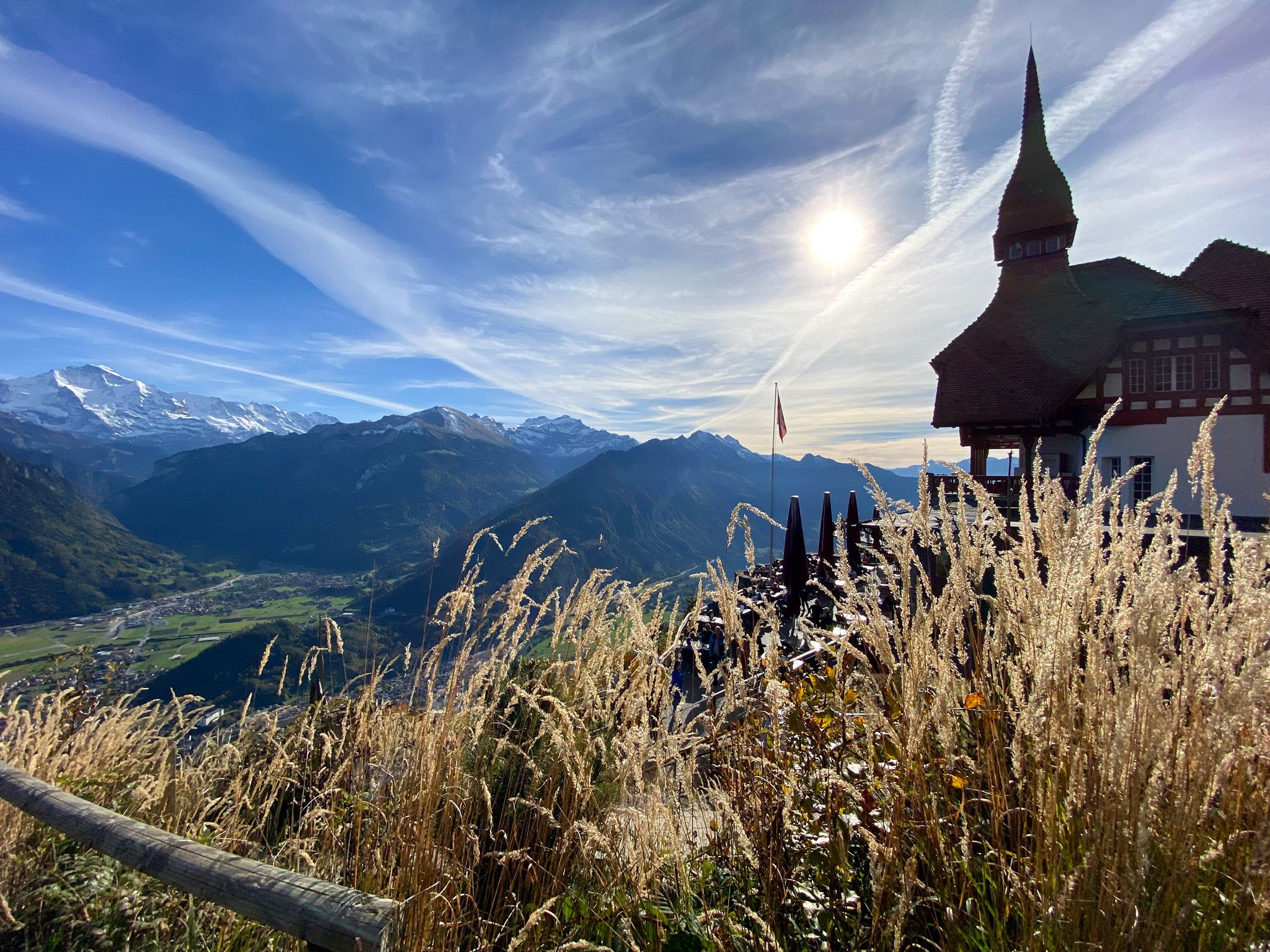 Lauterbrunnen with a view of the mountains and the sun, meadows and soft light