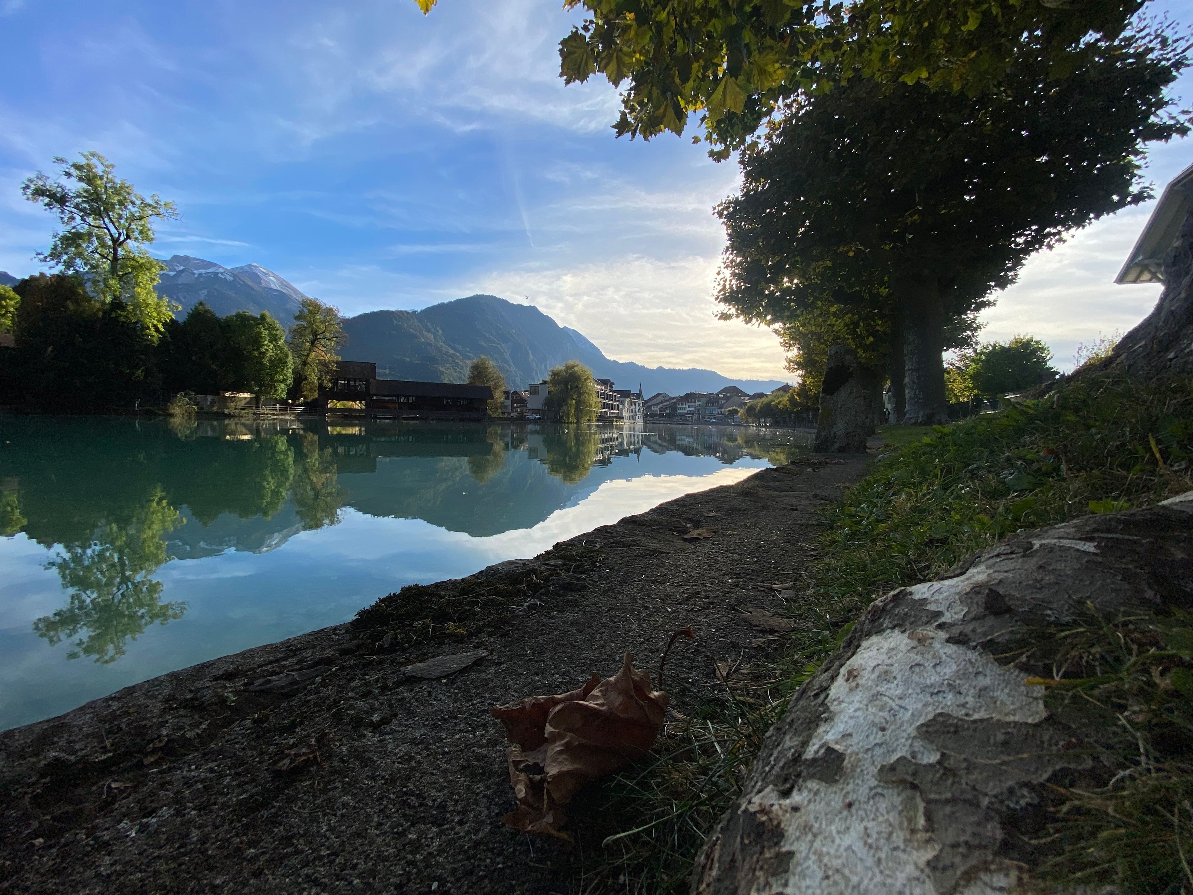 Lauterbrunnen, calm lake, green trees, clear reflection