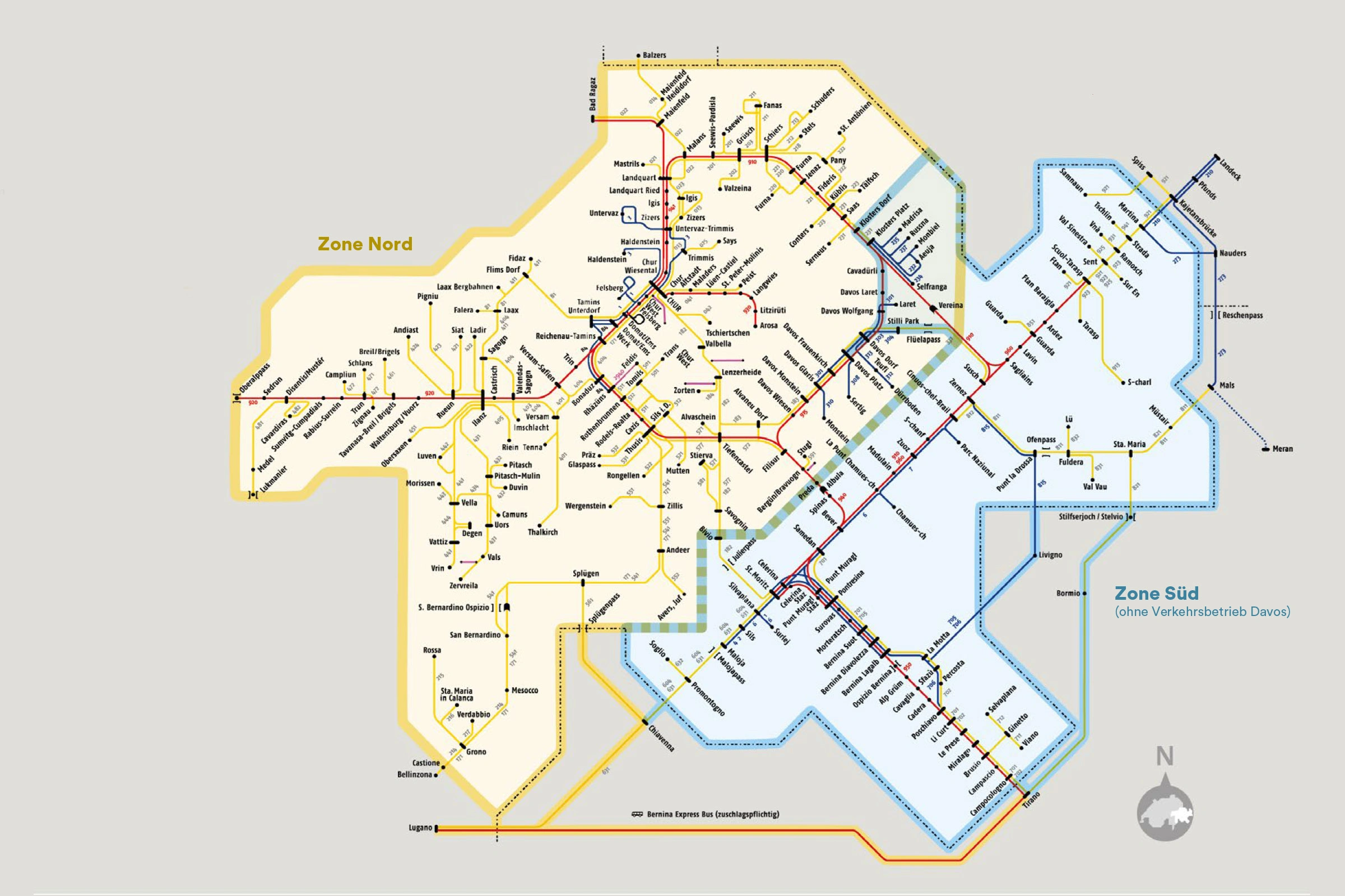 Mapa pasa Graubünden z trasami i atrakcjami w Graubünden dla turystów i podróżników