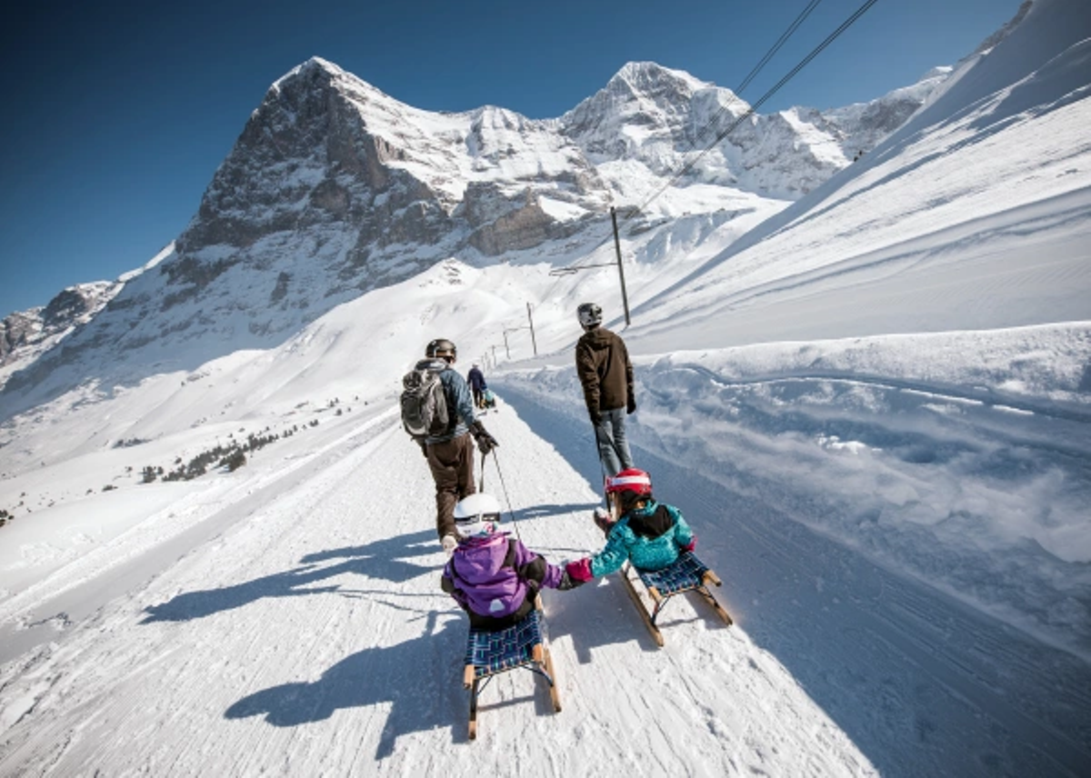 Trineo en Kleine Scheidegg, disfruta del paisaje invernal y la cara norte del Eiger.