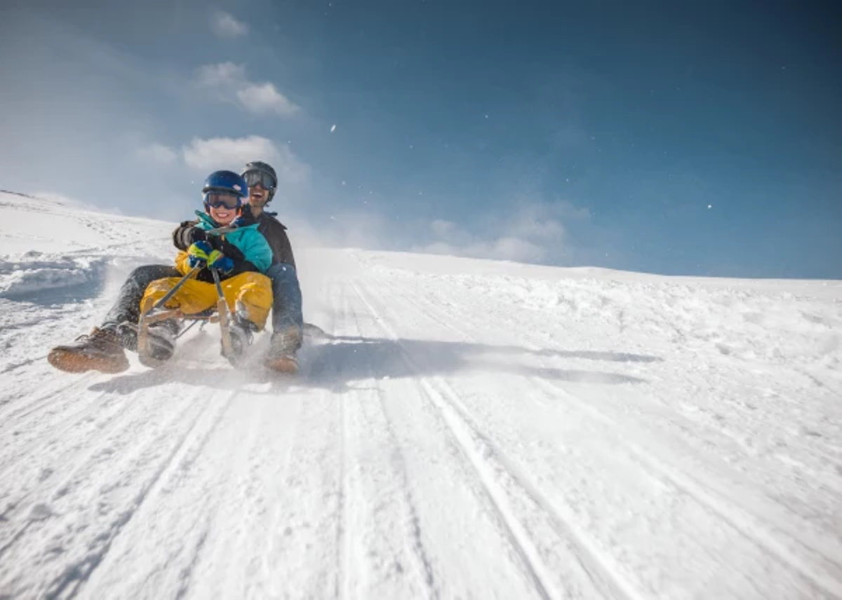 Trineo en la región de Jungfrau al pie de las montañas en invierno con mucha nieve y diversión.