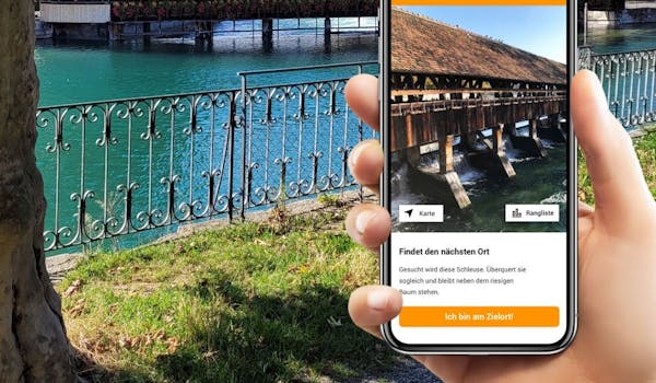 Scavenger hunt smartphone river bridge