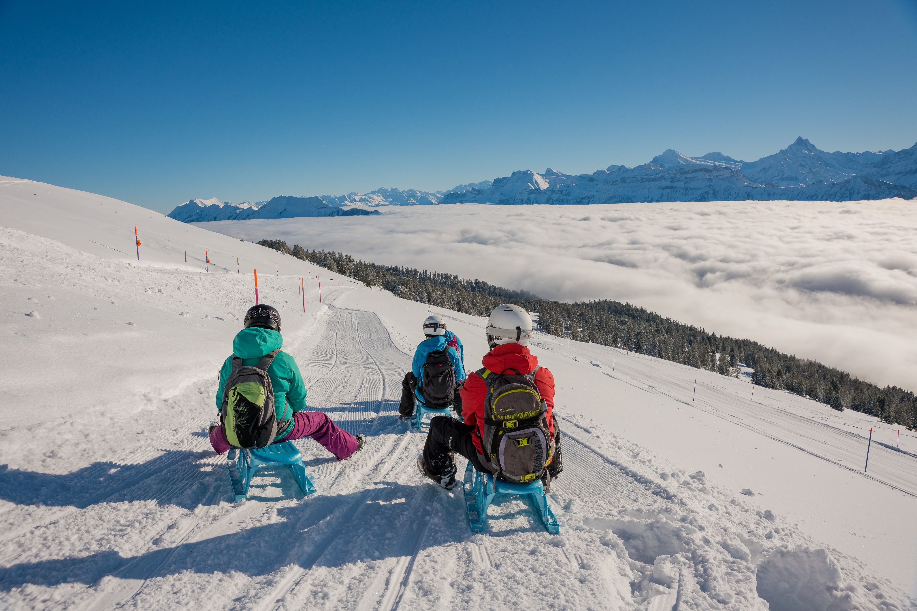 晴れた日、雲海を越えて家族と一緒にニーダーホルンでソリ滑り。