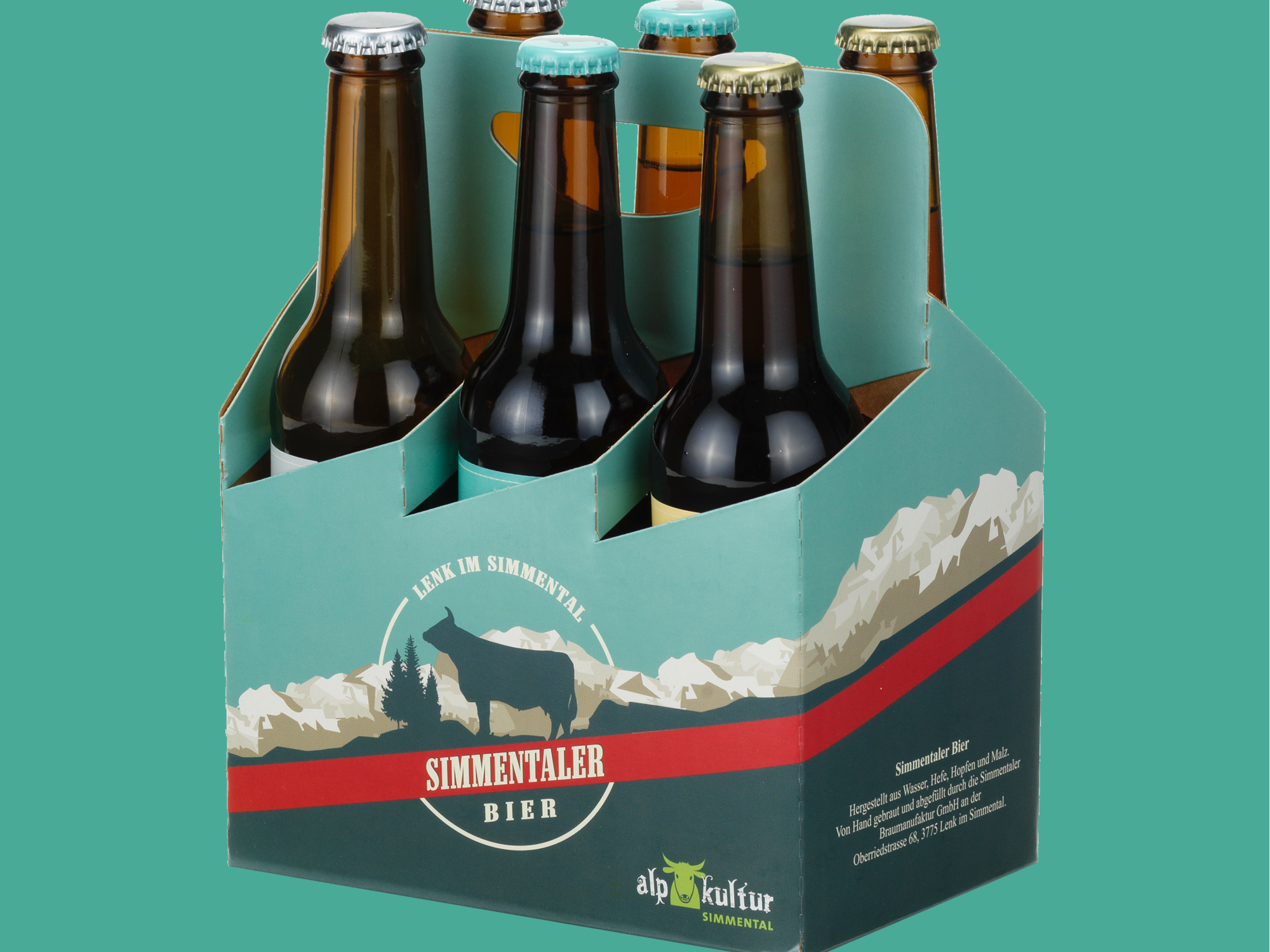 Simmentaler Bier in decoratieve verpakking met flessen, Brouwerij Simmental 2023.