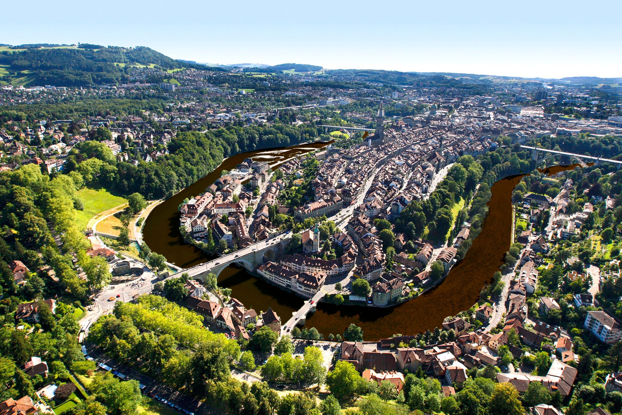 Schokoladen Stadt Bern, Aussicht auf Altstadt, Aare-Fluss, grüne Umgebung