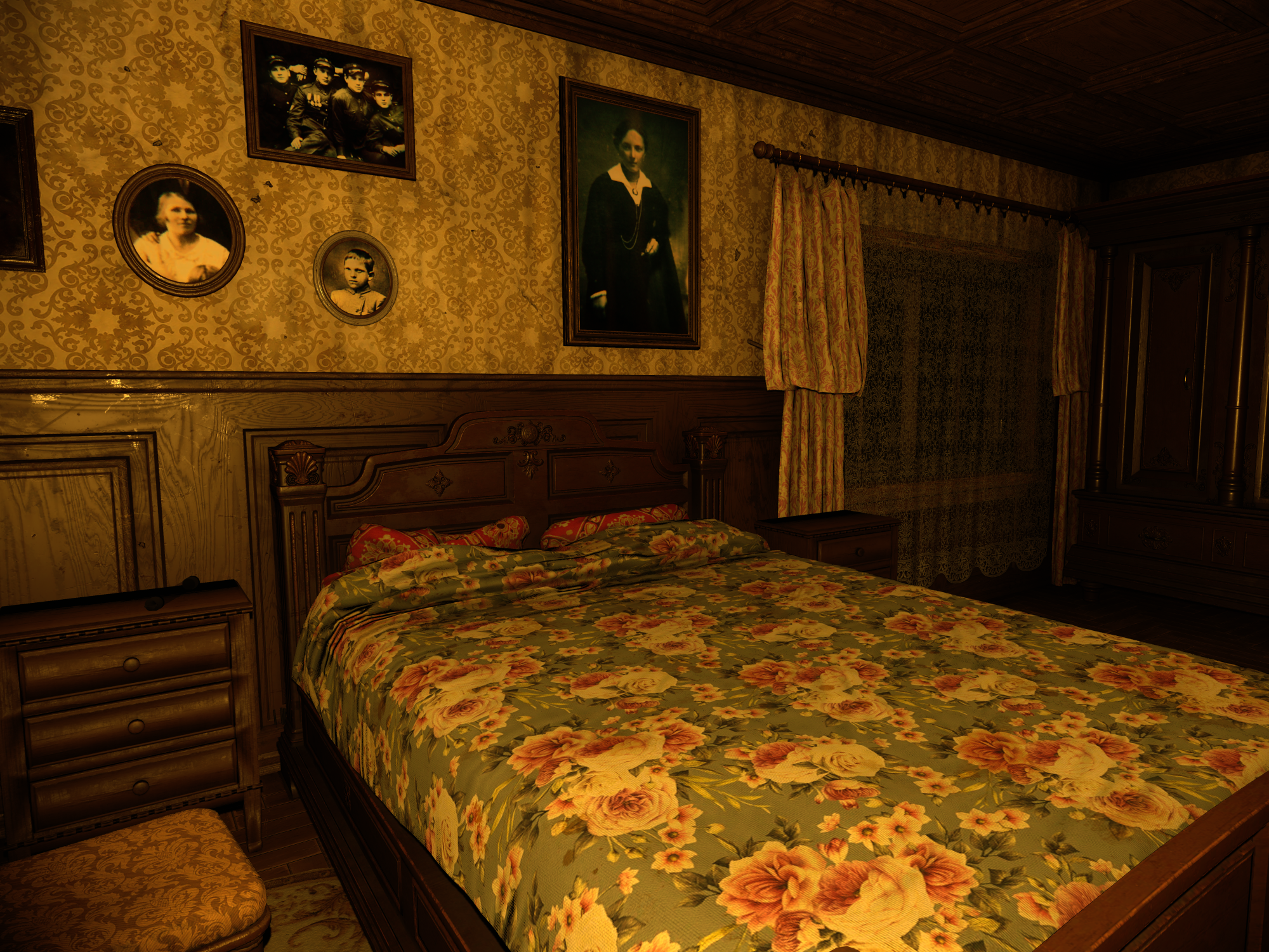 VR恐怖の家：花柄の寝具とノスタルジックな装飾の快適な寝室。